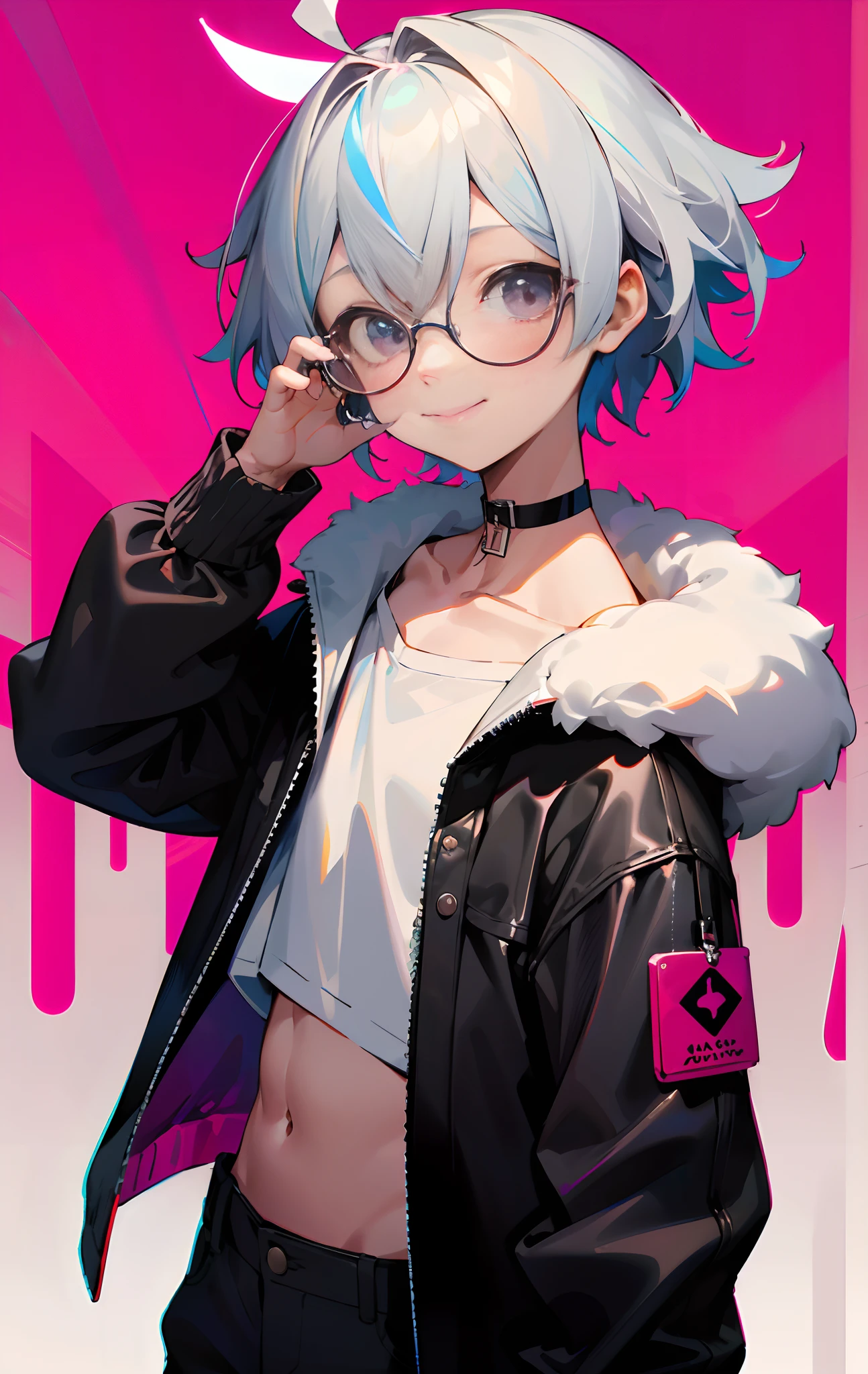 (Male child, eye glasses,A smile, silber hair)、独奏、jaket、Black jacket、Iridescent background、a choker、razor、Leather jacket、O cabelo multicolorido、cowboy shot、Color Inner Hair、bangss、White shirt、Fluffy clothes、Two-tone、Viewer's Perspective、is standing、a closed mouth、A pink-haired、Hand up、croptop、sideways Facing