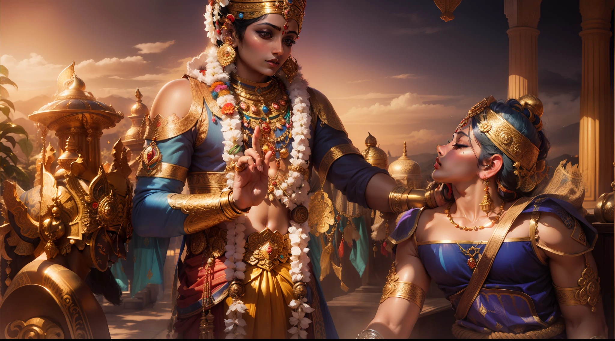 arafed image of a man and a woman sitting in a temple, apsaras warrior, thailand art, tithi luadthong, hindu aesthetic, attractive male deity, seated in royal ease, thailand, goddess. extremely high detail, temple background, by Sasha Putrya, 8k)), zen méditation cyberpunk, cybertronic hindu temple, buddhism, masterpiece, best quality:1.2),,(8k,highres,RAW photo,realistic,photo-realistic:1.3),(detailed skin texture,detailed cloth texture,beautiful detailed face:1.25),professional lighting,photon mapping,beautiful soft light,radiosity,physically-based rendering,raytracing, model shoot style, model shoot style, (extremely detailed CG unity 8k wallpaper), full shot body photo of the most beautiful artwork in the world