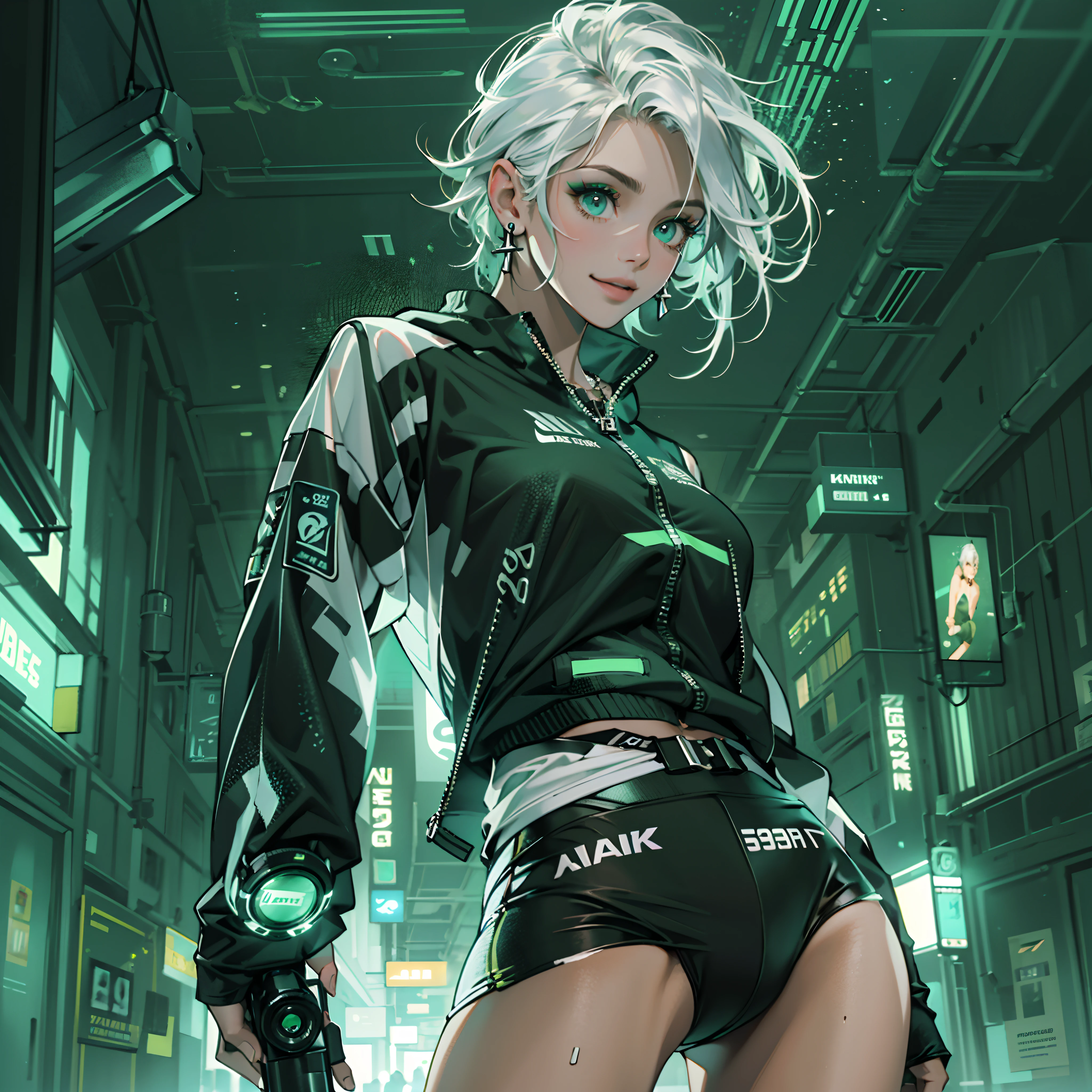 Best quality,tmasterpiece,Ultra-high resolution fills the picture,Indoor at night,the night,Indoor neon lights,Green color scheme,Intense grass green,Silvery-white hair,Green black leggings,green and black color scheme,Sporty skirts,the complex background,Gym interior background,Weight instruments in the background,High-tech screen in the background,Lateral face,Smiling,Dress less,There are fitness elements in the rear,nike,nike,nike,Tech gym,Perfect makeup,Love eyes,8K quality,Cyberpunk,sense of science and technology,Character backlighting,rim-light,Movement changes,Flowing hairstyle,Loose hairstyle,The number of fingers is refined,Full body in camera,9 doppelganger diagram,Luminous stud earrings,Luminous digital necklace,Electronic digital watches,The most beautiful girl in mankind,Delicate close-up of the face,Realistic image quality,Super light and shadow,Very good figure,Meticulous,Arrow symbol,Brand sense,English slogan neon,Runway lights,Fitness gym at night,Very good figure,Raised sexy,luminous,Faraway view,Full body in camera,独奏,There is only one character,femele