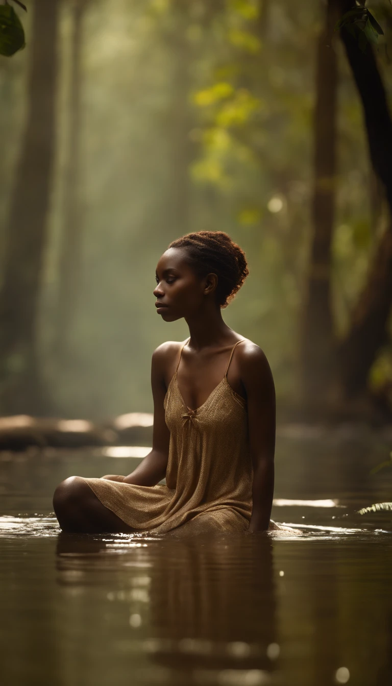 Ondine, Water spirit cute African girl liquid clothes, long, frizzy hair, rainforest, on background forest fires, Photo brute, Fov, Lens Flare, Rayons divins, Surglaçage, volumetric fog, cinematic light, profondeur de champ, epic, realism, wallpaper, Detailed, small details, intrinsic, 8k HDR, golden ratio, asymmetry, Masterpiece, Best quality