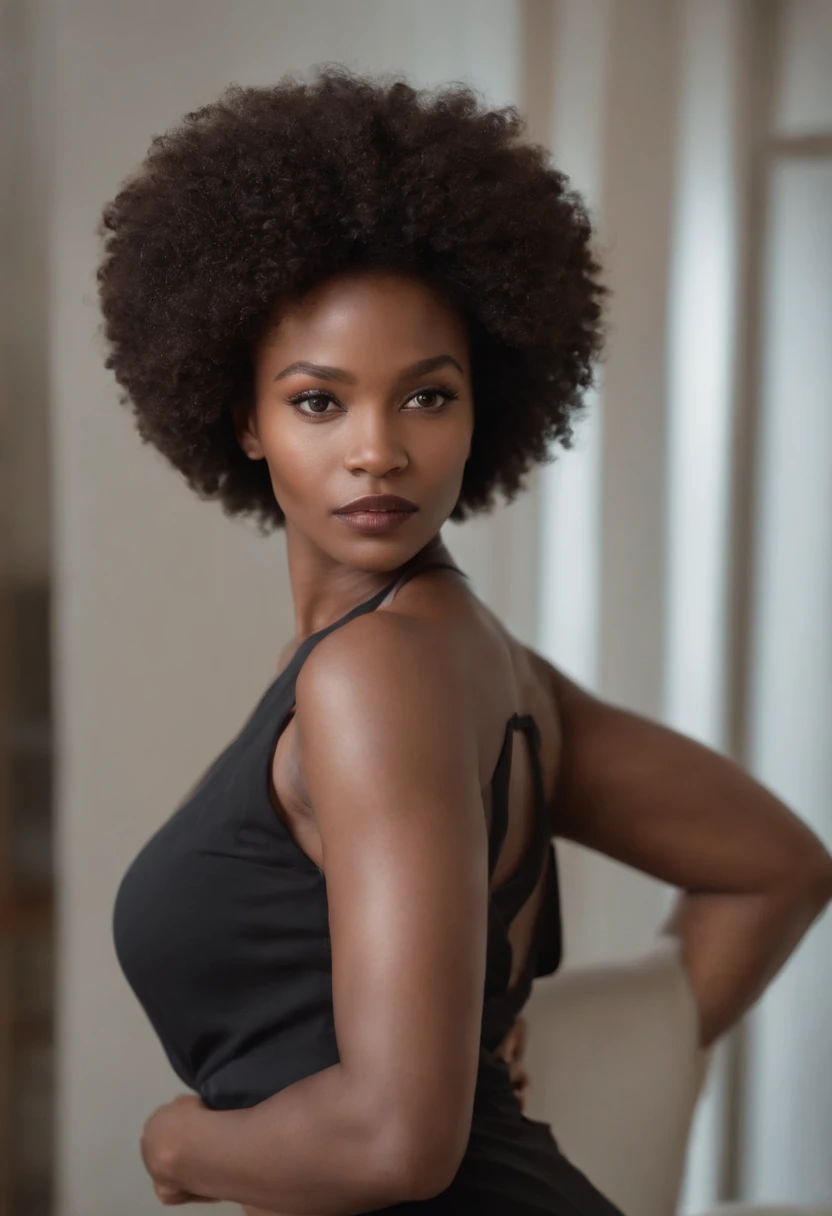 Belle femme foncée à la peau claire avec une longue coiffure afro crépue, Photo de couverture de l’influenceuse regardant à gauche avec ses mains croisées et pliées devant elle, Presque aucune émotion. Regarder directement sur la caméra. Les bras sont croisés dans la cage thoracique ronde avant,Leggings unis noir, Ajustement
Dans son bureau de fabrication (avec une pression à chaud). dans restaurant