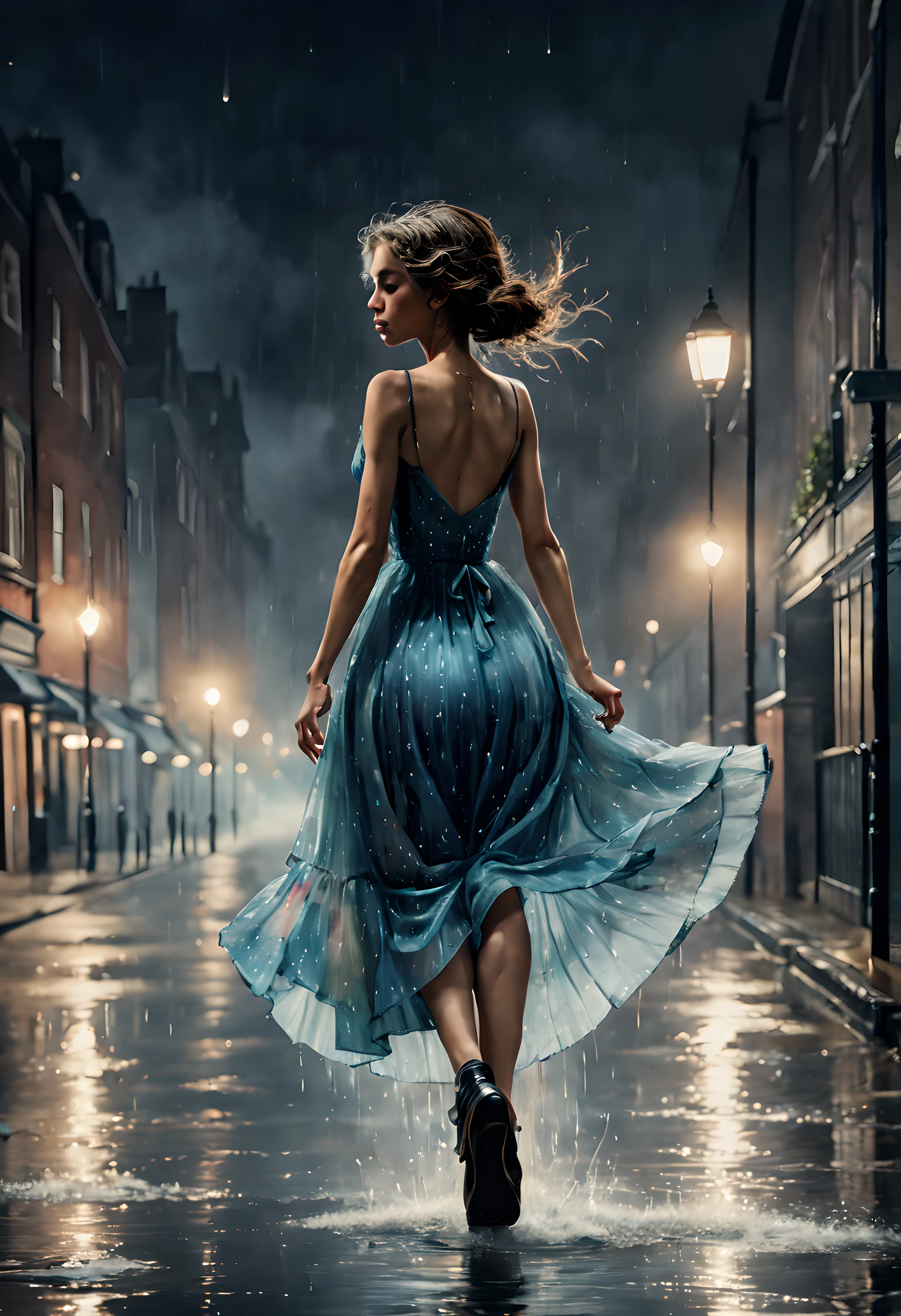 (rainy night:1.5), (ink and watercolor painting:1.5), (Tasteful:1.5), (ink and watercolor painting:1.5), (full color:1.5), 8k, 4k, (magic:1.5), (dripping paint;1.5), (night London street:1.5), (1900s:1.5), (1girl:1.3), solo, (wearing a dress:1.5),(long maxi-length skirt:1.5), (slender:1.5), (model), (brazilian super model:1.5), (back shot:1.5), (full body:1.5), (beautiful city lighting:1.5), (light reflection:1.3), (steam:1.5), (fog:1.5), (mist:1.5), (humid:1.5), (smog:1.5), (heavy rain:1.5),(wet:1.5), (sweat:1.5), (runnning:1.5),(step:1.5), (jump:1.5),(musical:1.5),(arms up in the air:1.5), (rolling:1.5),(dynamic:1.5),(dancer in the dark:1.5), (splash playing rain water drops background:1.5),