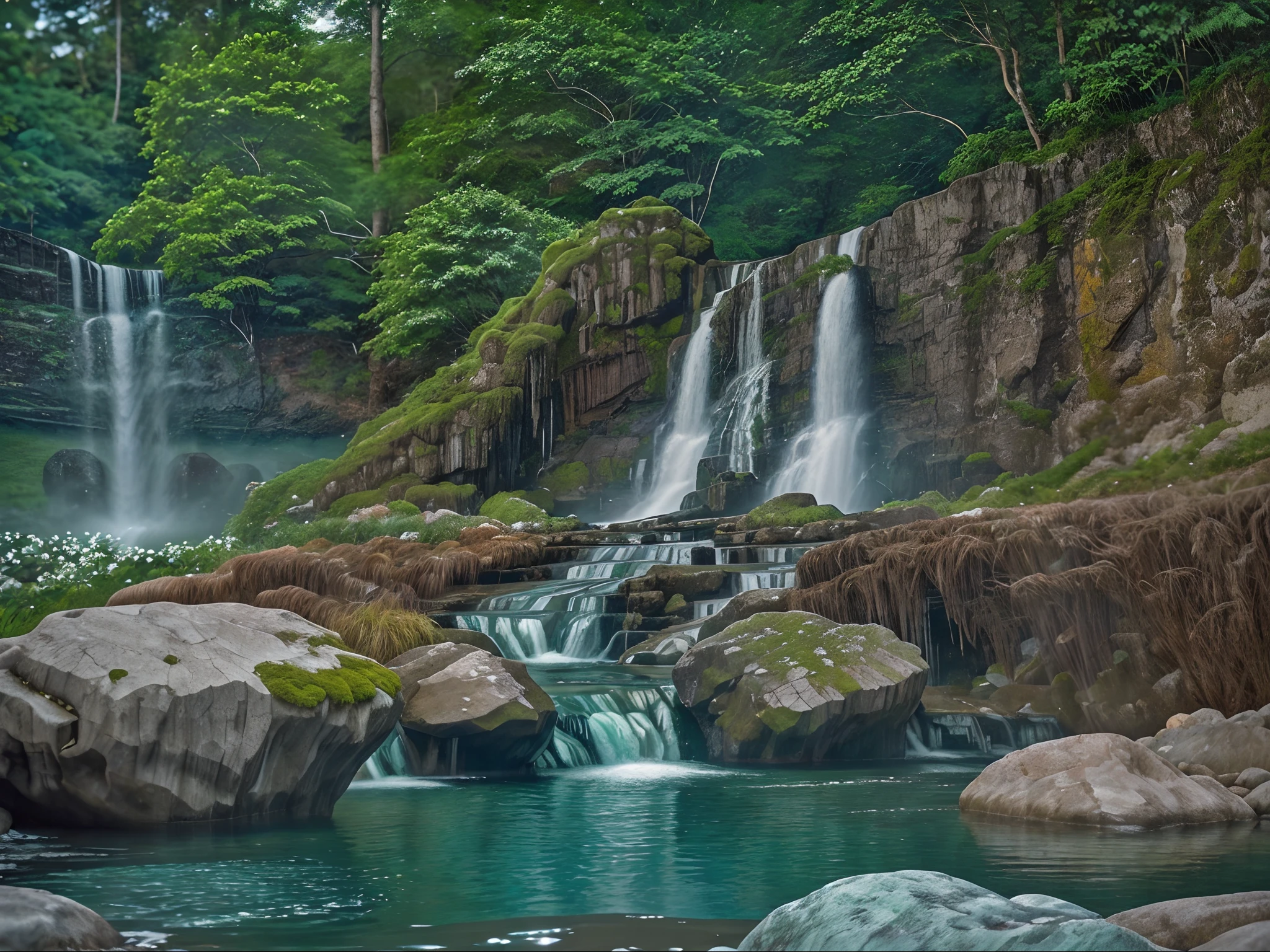 Glistening Waterfalls: Cascading waters creating a mesmerizing and soothing display against a backdrop of rocks and greenery.
