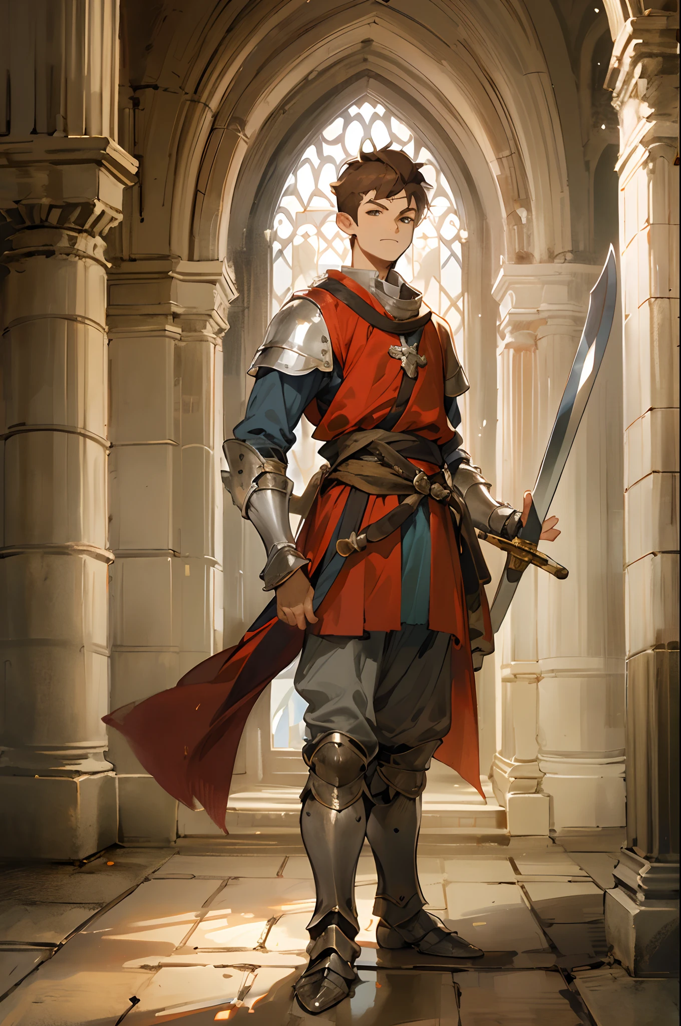 A 17-year-old teenage boy, a boy swordsman, holding an medieval sword, height 1.7m, weight 70kg, light skin tone, without a beard, without a goatee, no facial hair, no body hair, brown hair color, straight hair, pointed ears, medieval knight's silver armor, red clothes