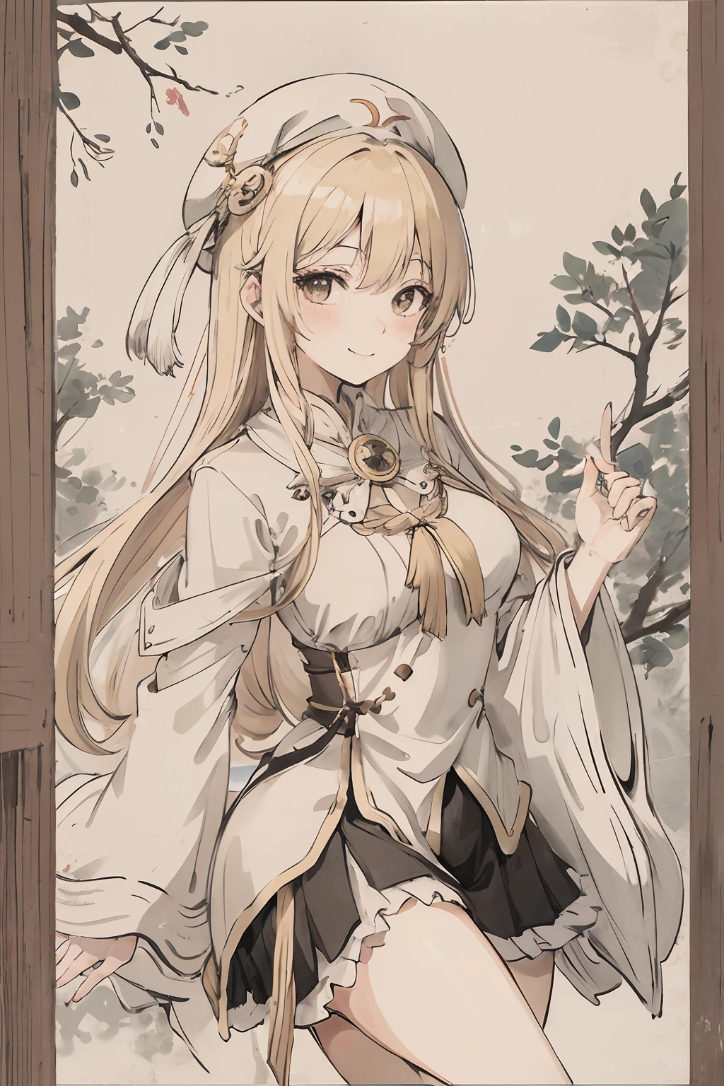 sparrow, priestess, blonde hair, skirt, seductive smile, priestess hat, teen, medium breasts, white capelet, stocking,