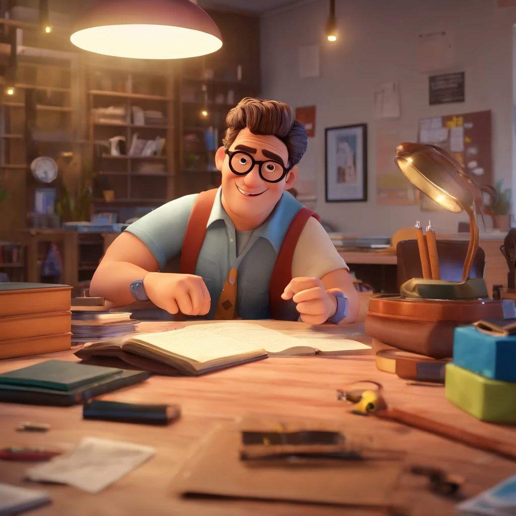 Create a Disney Pixar-inspired poster with the character being Anderson Serrão Castegnaro, A brown-haired man wearing glasses, in an office with a Bible on the table