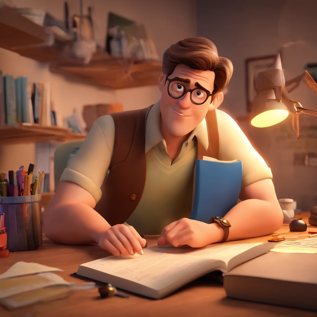 Create a Disney Pixar-inspired poster with the character being Anderson Serrão Castegnaro, A brown-haired man wearing glasses, in an office with a Bible on the table