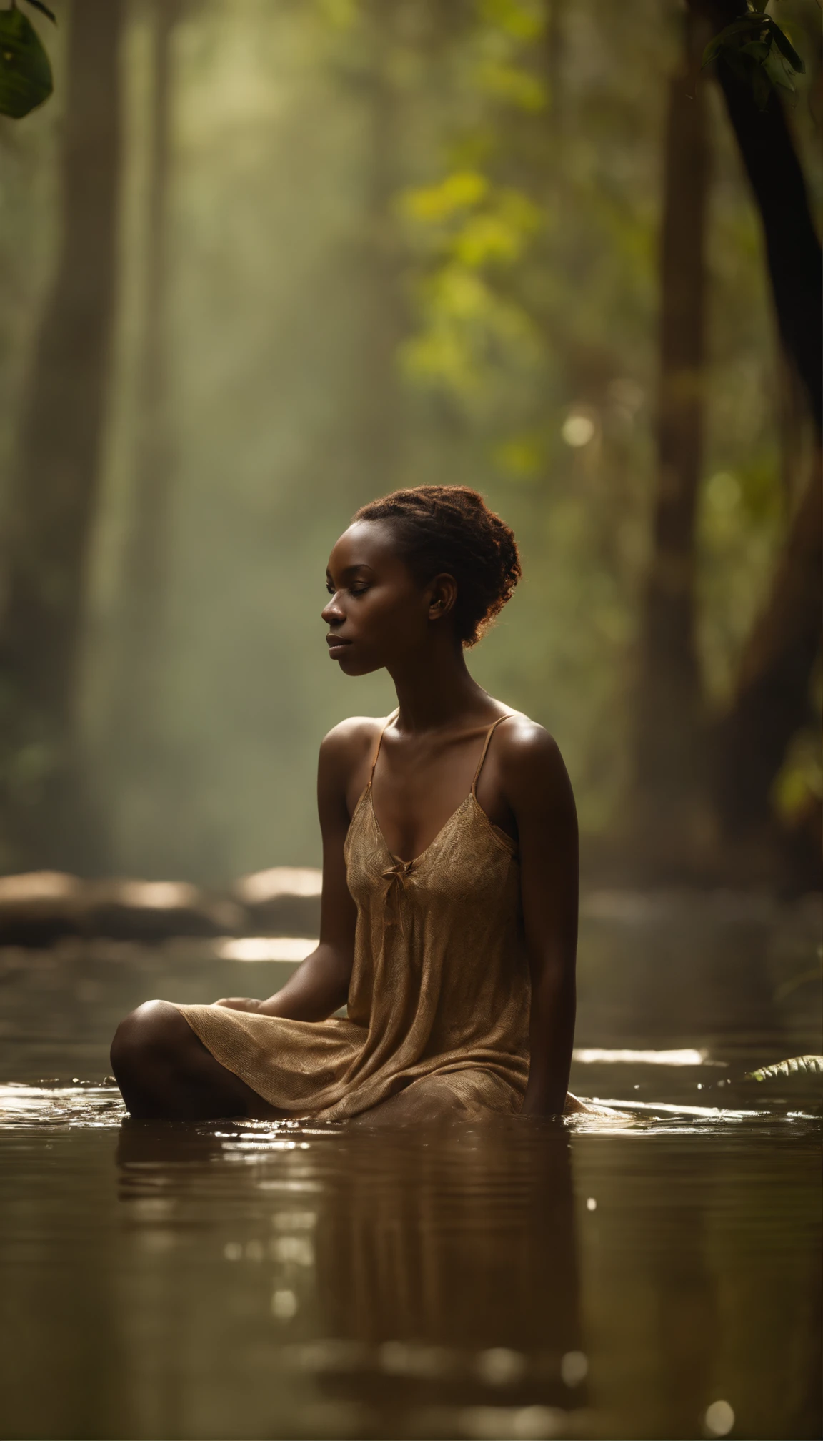 Ondine, Water spirit cute African girl liquid clothes, long, frizzy hair, rainforest, on background forest fires, Photo brute, Fov, Lens Flare, Rayons divins, Surglaçage, volumetric fog, cinematic light, profondeur de champ, epic, realism, wallpaper, Detailed, small details, intrinsic, 8k HDR, golden ratio, asymmetry, Masterpiece, Best quality