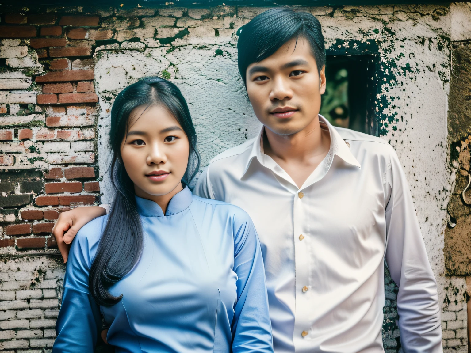 Highly realistic photo, Portrait of a couple, Vietnamese, 25 years old, (woman wearing white shirt), (man wearing blue Vietnamese army shirt). Photo taken in front of a garden, taken in 1975 by kodak.