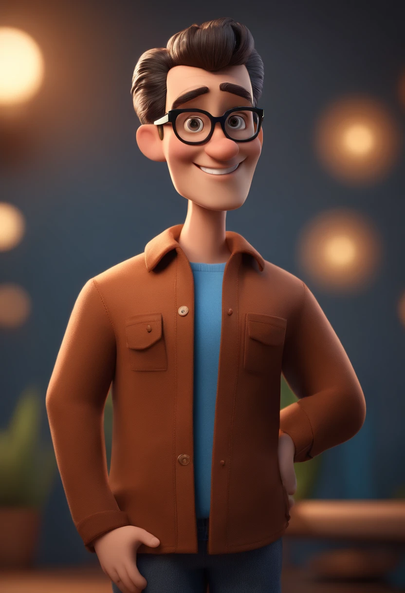 Cartoon character of a man with black glasses and a blue shirt, animation character, Caractere estilizado, animation style rendering, 3D estilizado, Arnold Maya render, 3 d render stylized, toon render keyshot, Personagem 3D, Personagem 3D, 3d rendering stylized, 3 d character render, personagem de desenho animado, Personagem de close up, Pose de personagem,  (Estilo Pixar) (master part:1.2) (Bokeh) (best quality) (pele detalhada) (textura detalhada) (8k) (argila) (Cinematic lighting) (foco nítido