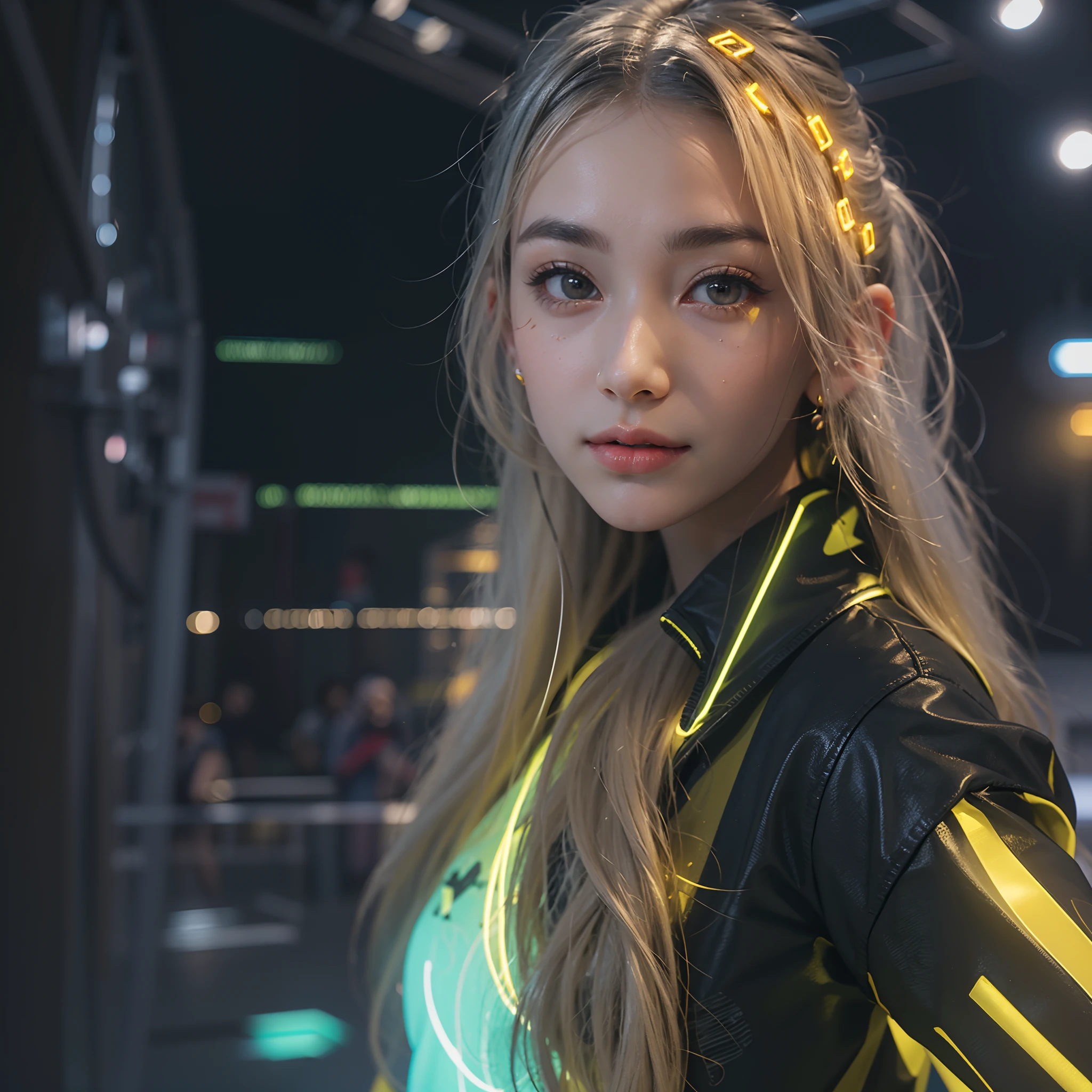 Best quality,tmasterpiece,Ultra-high resolution fills the picture,Indoor at night,Neon lights,Yellow color scheme,Rich egg yellow,Silvery-white hair,Yellow and white tights,Yellow and white color scheme clothing,Sporty skirts,the complex background,Weight instruments in the background,High-tech screen in the background,Lateral face,Smiling,Dress less,There are fitness elements in the rear,nike,nike,nike,Tech gym,Perfect makeup,Love eyes,8K quality,Cyberpunk,sense of science and technology,Character backlighting,rim-light,Movement changes,Flowing hairstyle,Loose hairstyle,The number of fingers is refined,6 avatar diagrams,Luminous stud earrings,Luminous digital necklace,Electronic digital watches,The most beautiful girl in mankind,Delicate close-up of the face,Realistic image quality,Super light and shadow,Very good figure,Meticulous,Arrow symbol,Brand sense,English slogan neon,Runway lights,Fitness gym at night,Very good figure,Raised sexy