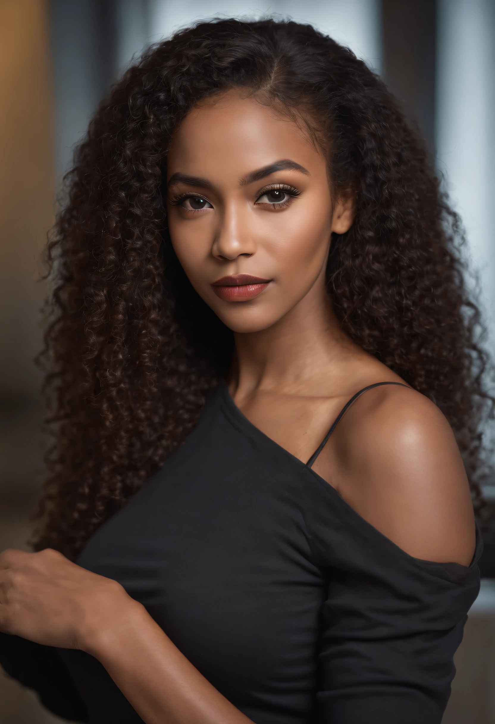 score_9,score_8_above,score_7_above,fine details in everything A beautiful woman, beautiful Latin face, young Brazilian Nyvi Estephan, Brazilian supermodel, serene and elegant beauty, Angolan descent, young adult 30 years old, nerdy woman, tall woman, a stunning black woman , with indigenous characteristics, beautiful indigenous girl, native Brazilian, ((An African indigenous girl with European ebony)), ((her beauty is undeniable)), beautiful young ebony girl with dark skin, tanned Mexican, black hair with brown highlights , curly black hair with brown highlights, voluminous black hair with brown highlights, vibrant and dynamic cut with soft waves can give a modern and stylish touch. Has an exotic beauty with beautiful green eyes, realistic green eyes, bright green eyes, ultra detailed green eyes, ultra realistic green eyes, natural green eyes, ultra detailed iris, perfect eyes, perfect iris, hyper realistic eyes, eyeliner, long eyelashes and defined, penetrating look that conveys confidence, striking, powerful expression, strong presence, striking makeup, vibrant red lipstick, full lips, voluminous lips, seductive lips, captivating, striking, unforgettable, dazzling and mischievous smile, wide smile, your features are captivating , subtle smile on your lips. Beautiful, detailed face, detailed skin texture, notice her perfectly shaped eyebrows that arch gracefully above her eyes, small nose that is proportionate to her face, and soft contour of her face that accentuates her high cheekbones. Beautiful, glowing skin, intricate details, smooth skin, healthy and radiant appearance.3D, 4k, high resolution, full sharpness photo realistic, breathtaking, Lentille nette, Photographie professionnelle, Objectif 70mm, Unreal Engine 5, wallpaper, colorful, art, (Hdr: 1.5), hyper-detailed, (ArtStation: 1.5), cinematic, warm lights, dramatic light, rich colors, (dark and brooding inner background, private study: 1.3), POV, Nikon D850, film photography , Kodak Portra 400, camera le
