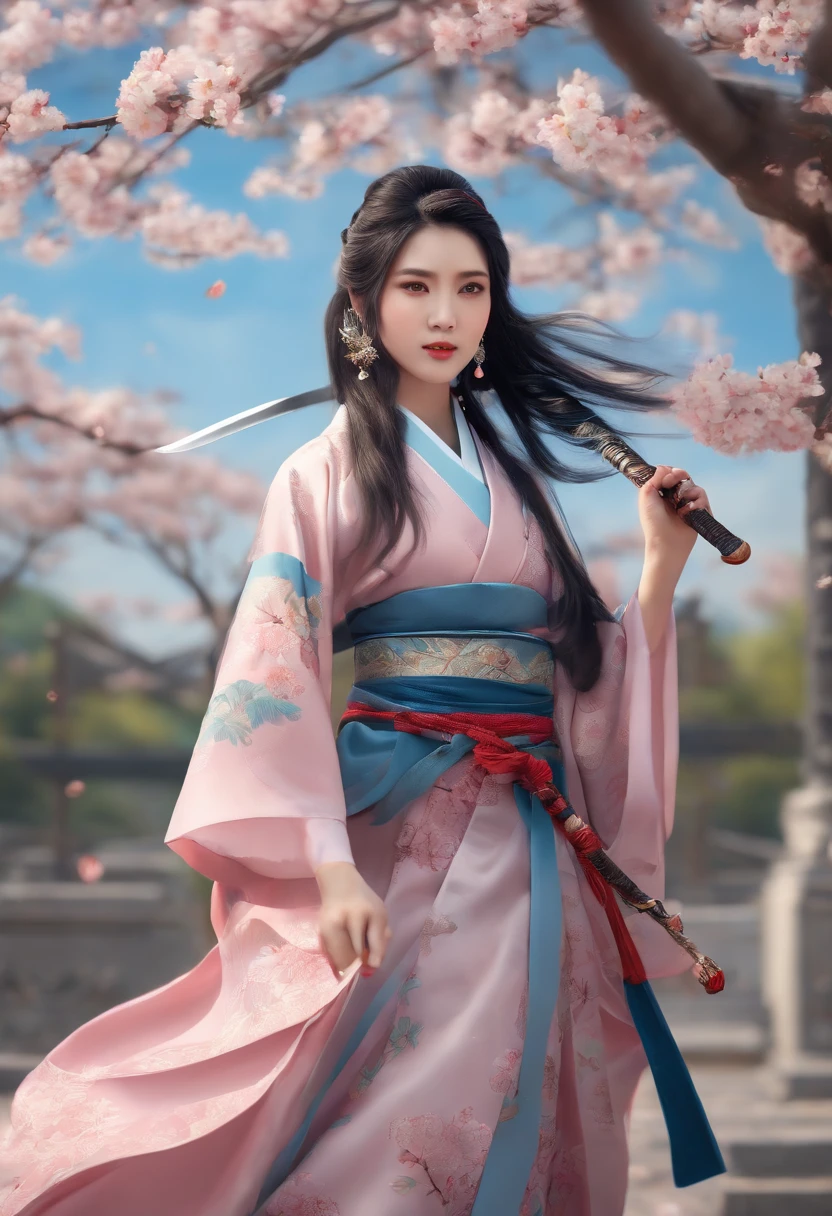 black-haired girl on the school playground, blue-haired male scorpion monster, playing Japanese war song music.trained assassins,into court observers, two male war gods dance on stage with swords and spears. Kabuki also appears on stage performing . 

Medium: traditional paintings
Additional details: cherry blossom trees in full bloom, sunlight filtering through the leaves, students cheering in the background, intricate kimono patterns, intense facial expressions, dynamic poses
Image quality: (best quality, 4k, highres, masterpiece:1.2), ultra-detailed, (realistic, photorealistic, photo-realistic:1.37)
Art style: martial arts, cultural fusion
Color palette: vibrant colors, contrasting black and blue, hints of pink from cherry blossoms
Lighting: dramatic lighting, highlighting the characters' movements and expressions

Note: Remember not to include any explanations and there is no need to explain the meaning of the prompt.