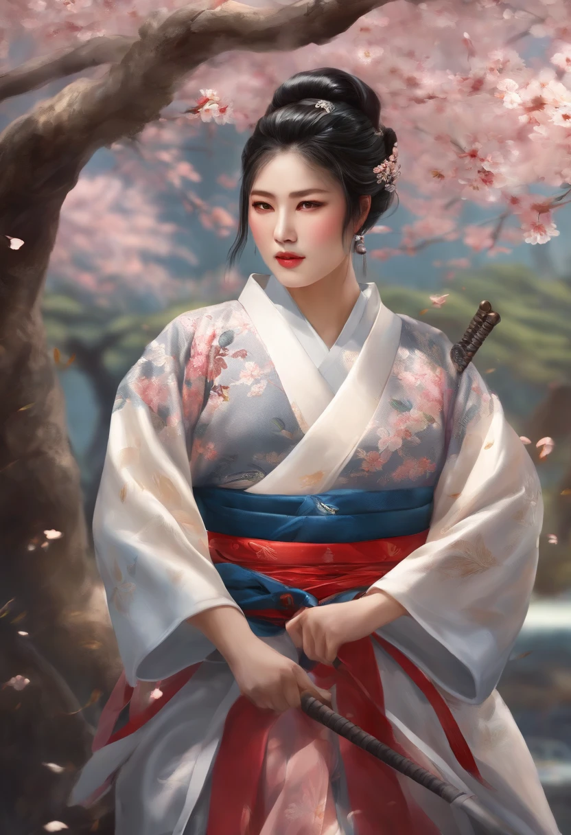 black-haired girl on the school playground, blue-haired male scorpion monster, playing Japanese war song music.trained assassins,into court observers, two male war gods dance on stage with swords and spears. Kabuki also appears on stage performing .
Medium: traditional paintings
Additional details: cherry blossom trees in full bloom, sunlight filtering through the leaves, students cheering in the background, intricate kimono patterns, intense facial expressions, dynamic poses
Image quality: (best quality, 4k, highres, masterpiece:1.2), ultra-detailed, (realistic, photorealistic, photo-realistic:1.37)
Art style: martial arts, cultural fusion
Color palette: vibrant colors, contrasting black and blue, hints of pink from cherry blossoms
Lighting: dramatic lighting, highlighting the characters' movements and expressions
Note: Remember not to include any explanations and there is no need to explain the meaning of the prompt.