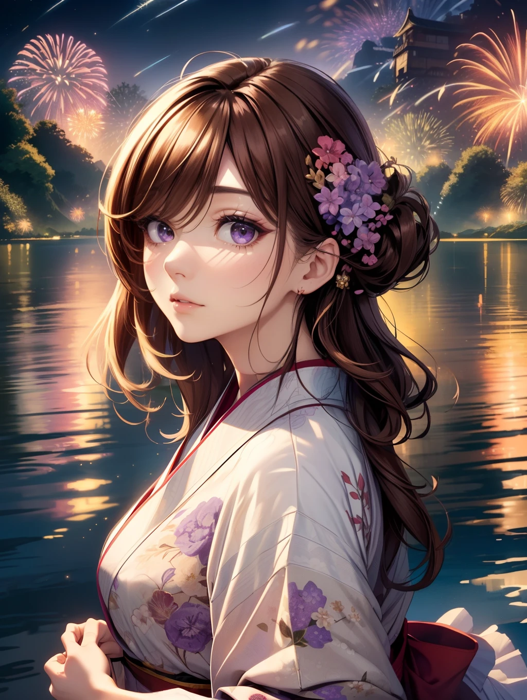 Best Quality, masutepiece, beautiful mature women、Beautiful face、Strong-minded woman、((Lilac floral kimono))brown haired、(Brown-eyed)、Longhaire、Undersized eyes、(((Fireworks 、lake、Make the sky bigger、look up sky、nighttime scene)))