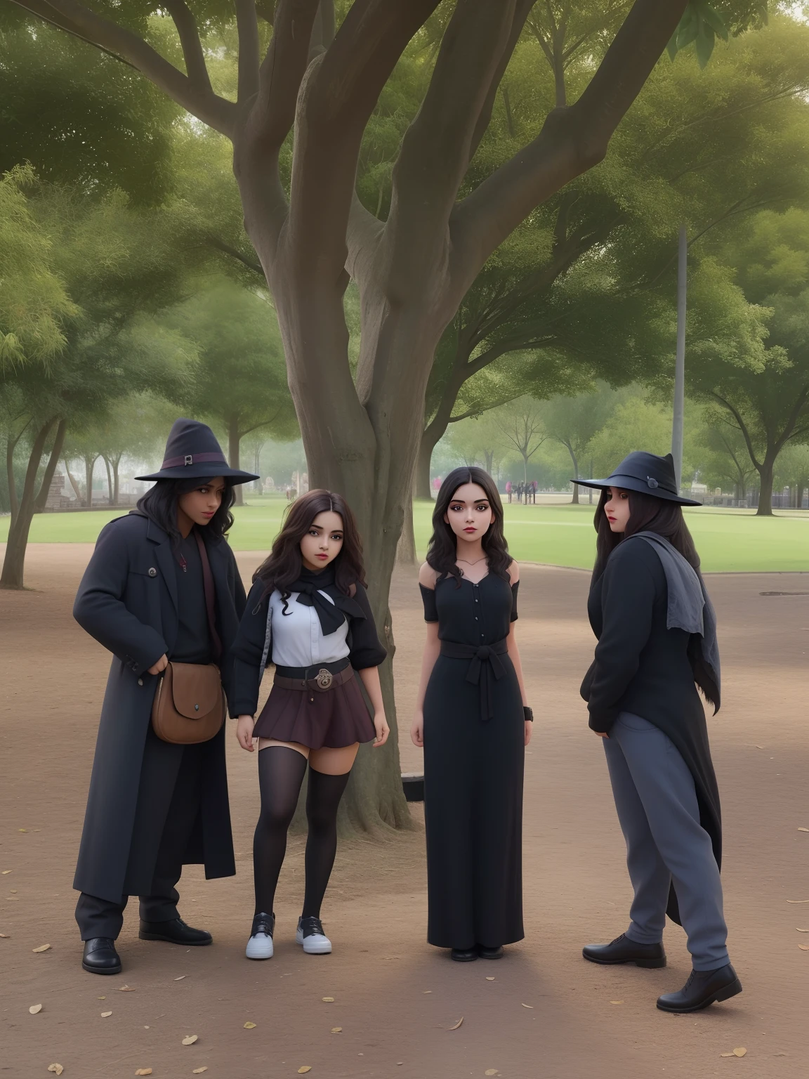04 jovens fantasiados para o halloween em um parque. 01 corvo, 01 caveira mexicana, 01 mulher de vestido longo e 01 anjo negro com grandes asas.