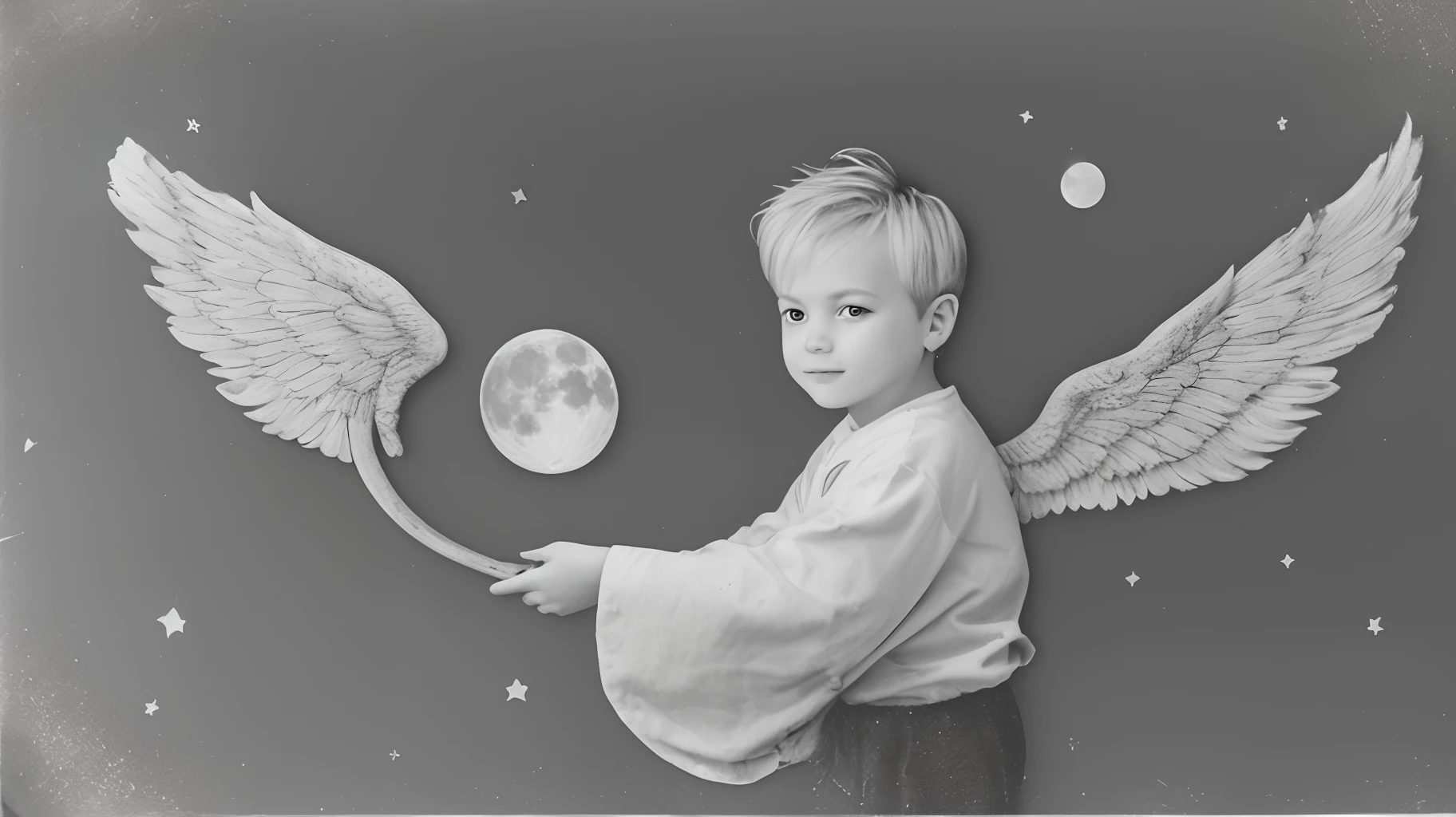 A young boy with silver hair with wings　natta　a moon