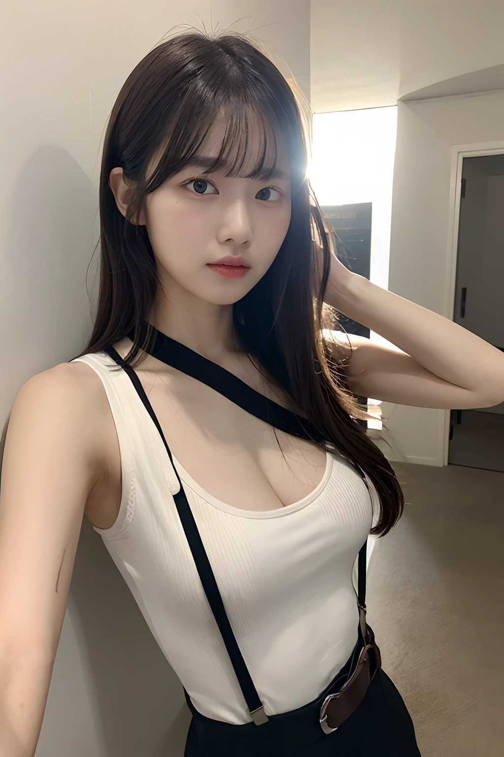 ​masterpiece、flat-colors、depth of fields、lens flare 1 girl、、Brown hair、watching at viewers　　　　a belt　black suspenders　　　Puffy breasts　　　 　 Armpit sweat　perspiring　Side of both hands　　walls: 　Black pants, 　Gaze　　　Small face　Bangs Upper Eyes　Aside Cutter Shirt　big breasts