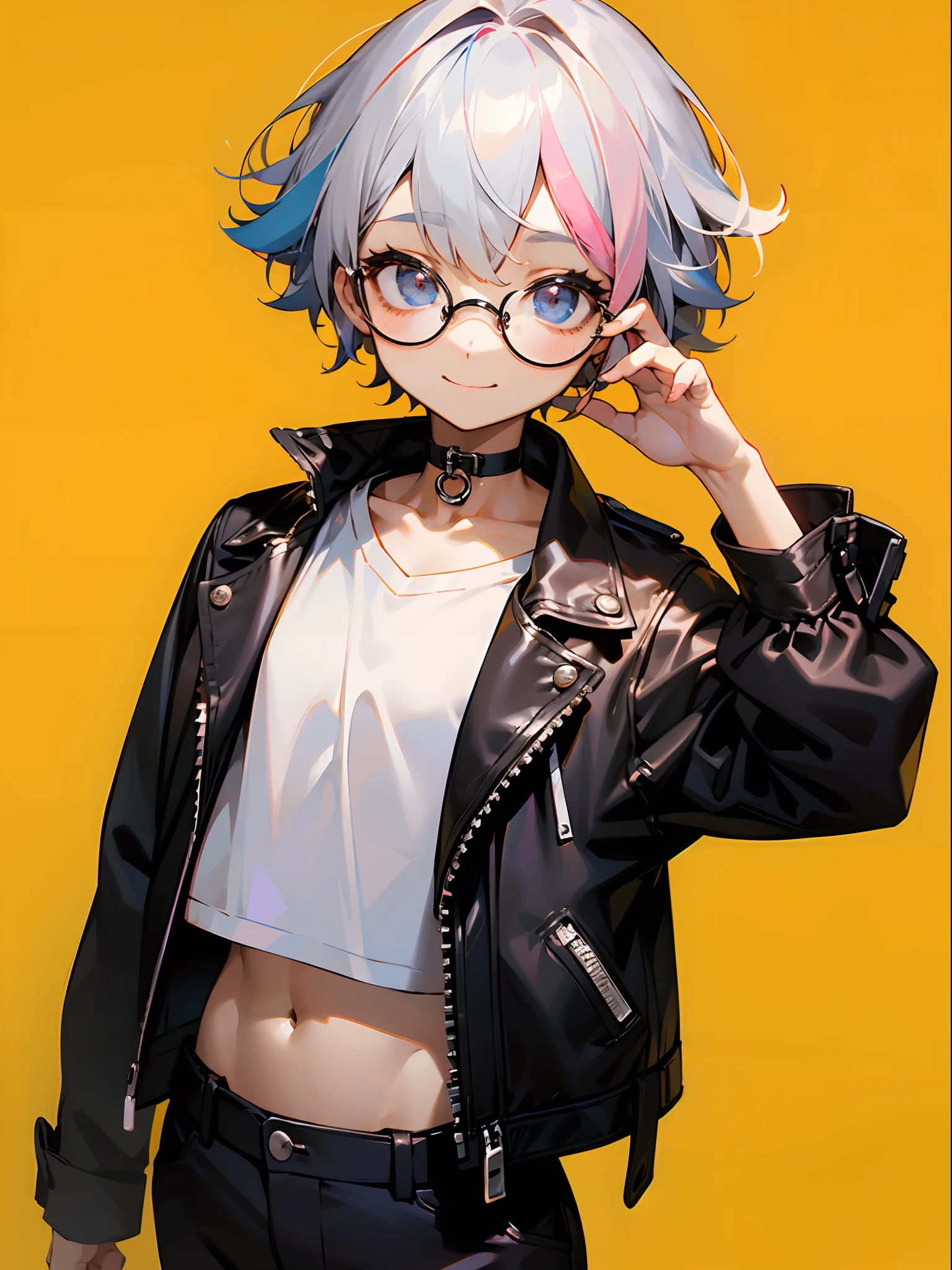 (Male child, eye glasses,A smile, silber hair)、独奏、jaket、Black jacket、Iridescent background、a choker、razor、Leather jacket、O cabelo multicolorido、cowboy  shot、Color Inner Hair、bangss、White shirt、Fluffy clothes、Two-tone、Viewer's Perspective、is standing、a closed mouth、A pink-haired、Hand up、croptop、sideways Facing