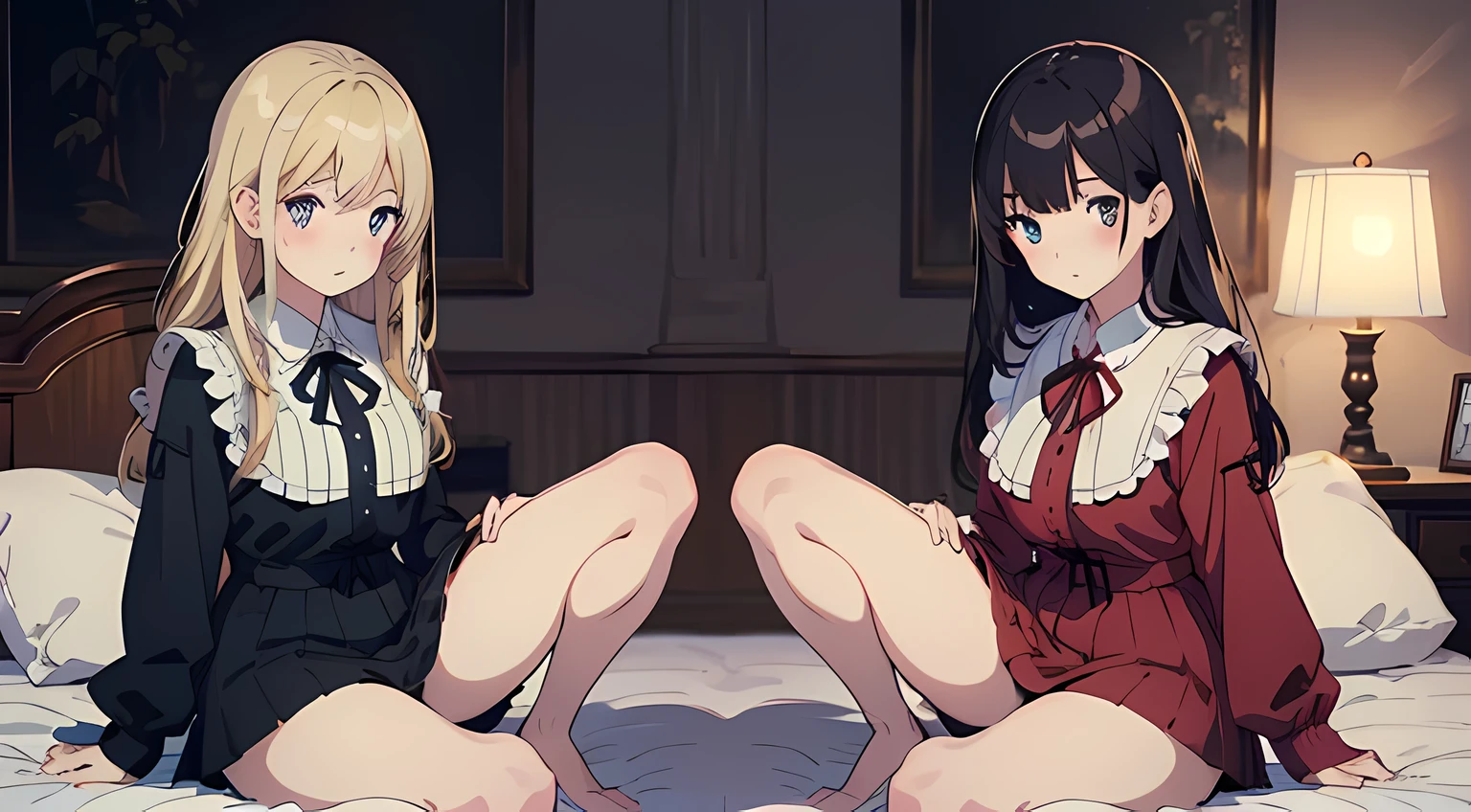 2 girls, (beautiful eyes finely detailed, detailed face, different hair lengths, different hair colors, different eye colors), wearing different style outfit, sit on the bed, teasing each other, full body, teasing facial expression, looking at the camera, blush on their face, bedroom, master piece, noon time, top-quiality, detailed, High Resolution anime illustration