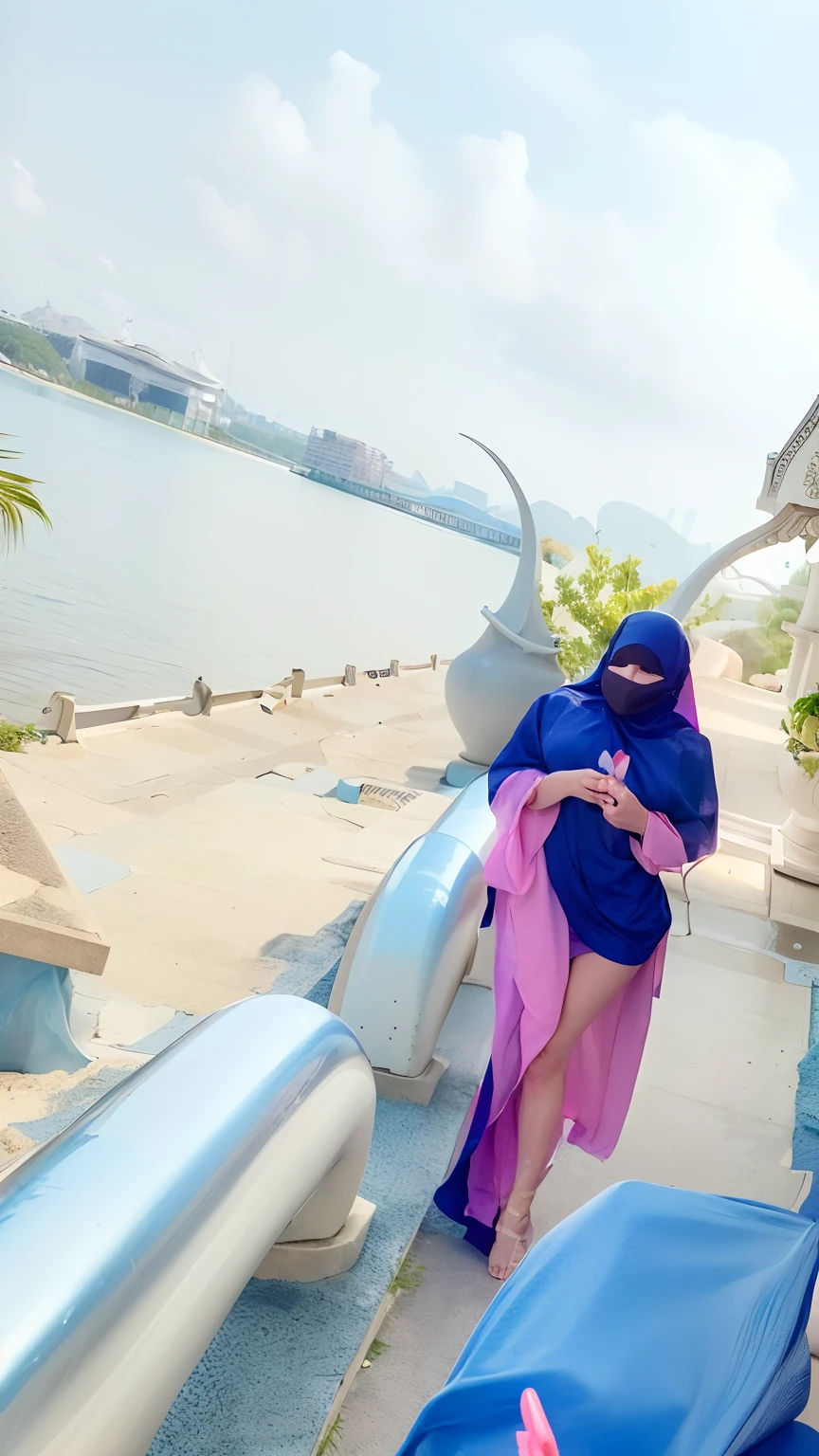 ((Best quality, 8k, Masterpiece :1.3)), 1girl, Pretty malay niqabis woman with emphasizing slender abs :1.3, Huge breasts :1.2, Wet thin fabric clothes:1.1, Alluring, Pool, Ultra-detailed face, Highly detailed lips, Detailed eyes, Double eyelid, big nipple and