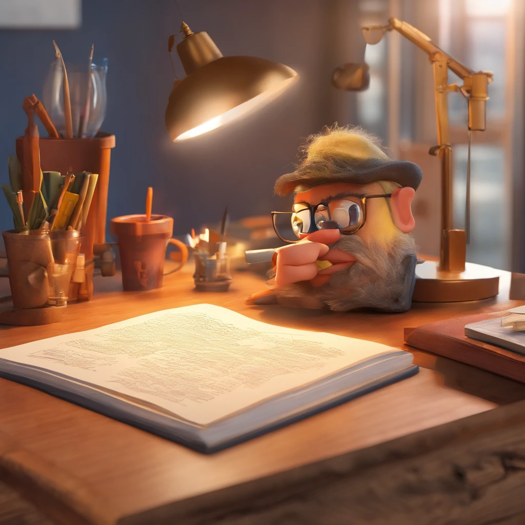 Crie um cartaz inspirado na Disney Pixar com o personagem sendo o lenhador, Um homem de cabelos grisalhos com barba grande, in an office with a Bible on the table