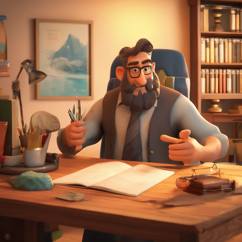 Crie um cartaz inspirado na Disney Pixar com o personagem sendo o lenhador, Um homem de cabelos grisalhos com barba grande, in an office with a Bible on the table