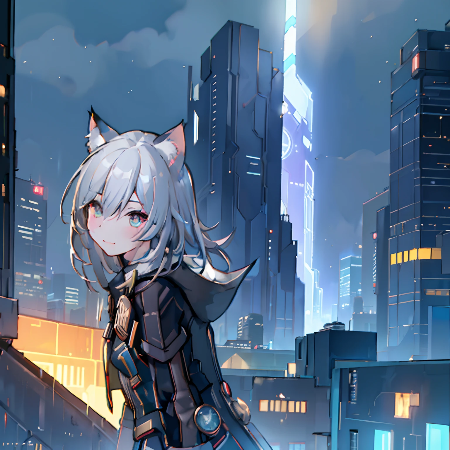 Midnight City (futuristic Tower)(HD, Realistic, 2K, HDR, High Quality, High detail) Cyberpunk, female trailblazer, (Cat ears), Black coat (with long strips), Raining, exterior, Best quality, cute face (with tiny fang) (beautiful View) View the City