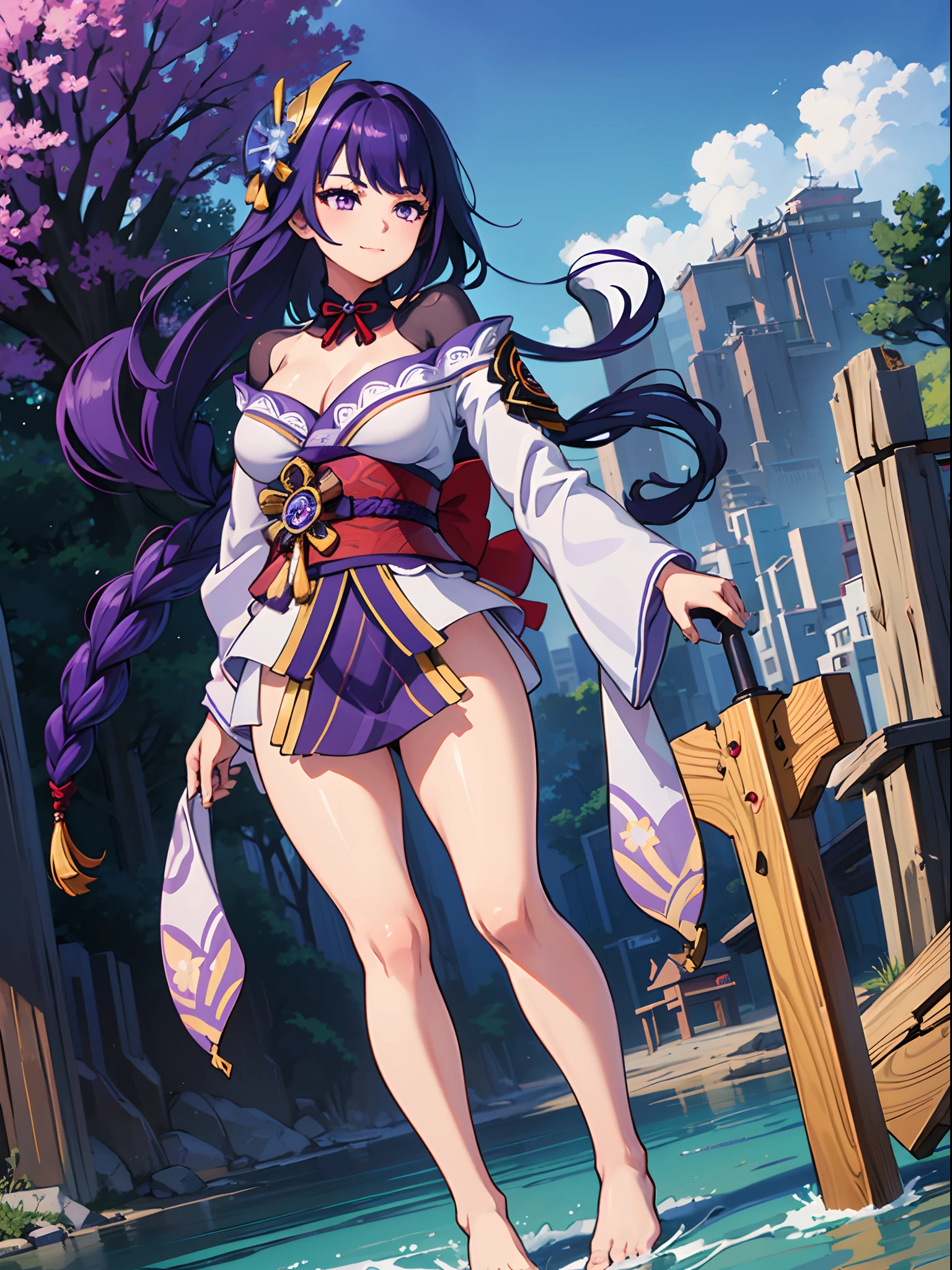 ((masterpiece)),(((bestquality))),((ultra-detailed)),1girl, solo, barefoot, standing, building, smile, floating hair, dutch angle, closed mouth, looking away, outdoors, big tit, hot girl, raiden shogun, purple eyes, purple long hair, ((genshin impact)) , summer background, beach background, ((highquality))