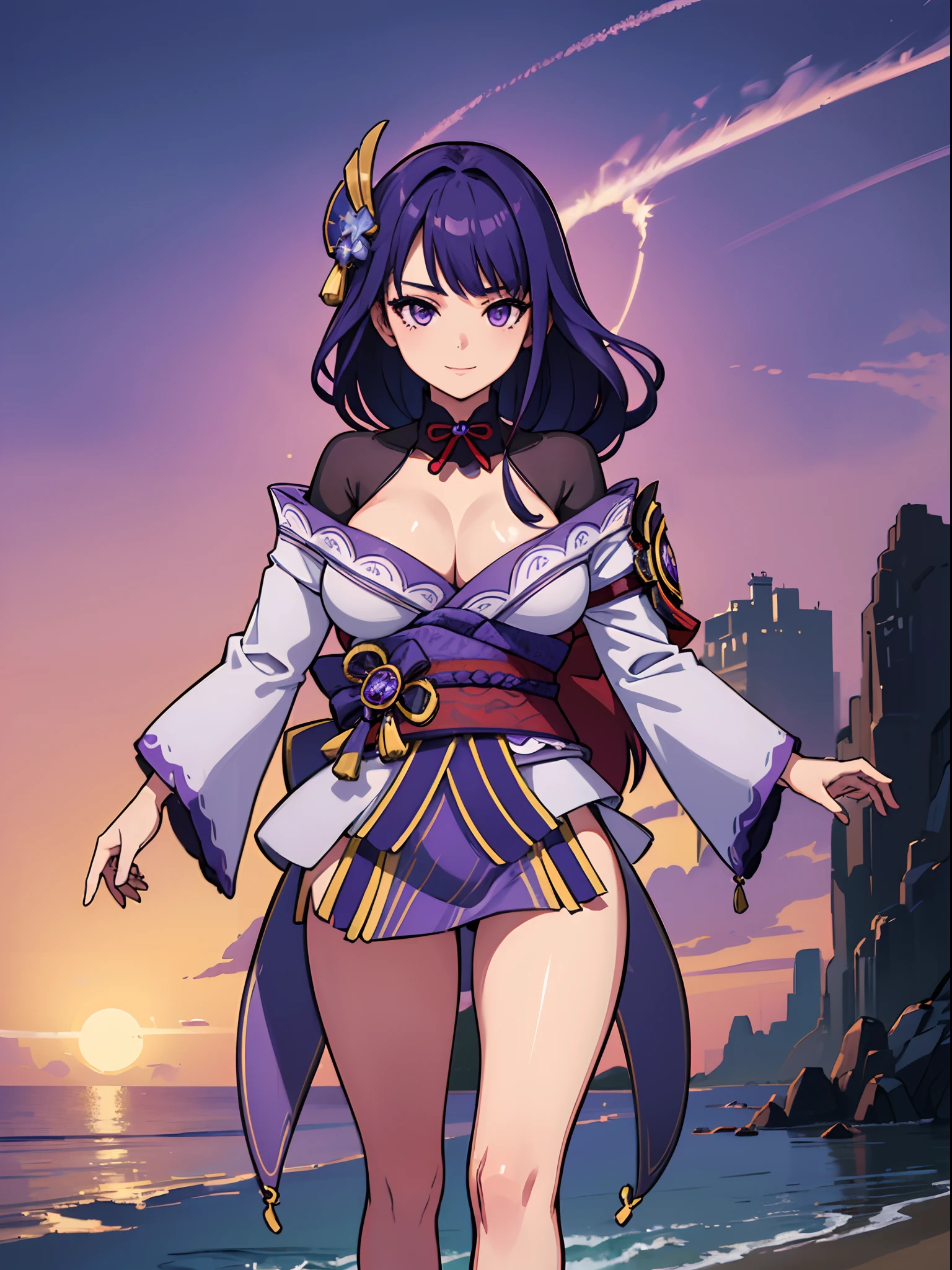 IvFE, 1girl, dress, pelvic curtain long hair, purple hair, purple eyes, mask, long white elbow gloves, warm smile,