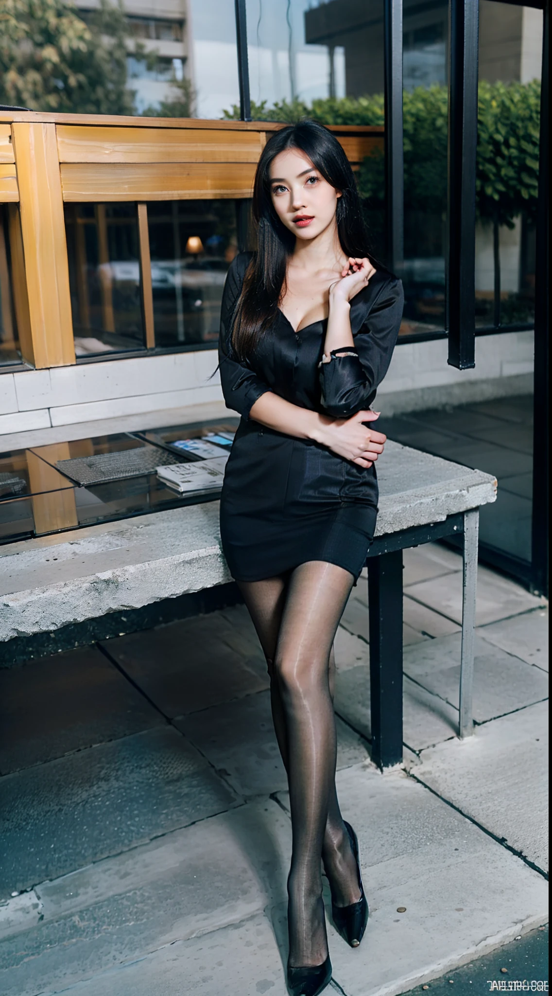 best qualtiy, Full body like,Refined face,A pair of smart eyes,pretty face,25 years old woman,slimfigure,Larger bust,office lady uniform,Office wear,Flesh-colored stockings,Outdoor scene,Sit Pose,yellow long hair,Skin color pantyhose