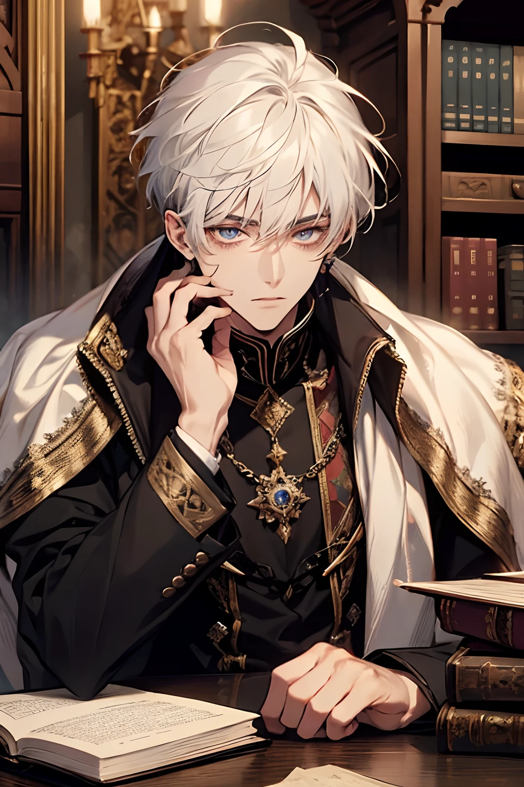 1male, calm, adult, handsome, short messy with bangs, white hair, amethyst colored eyes, royalty, prince, wears black clothing, in a castle, adult face, medieval times, close up, books on a table