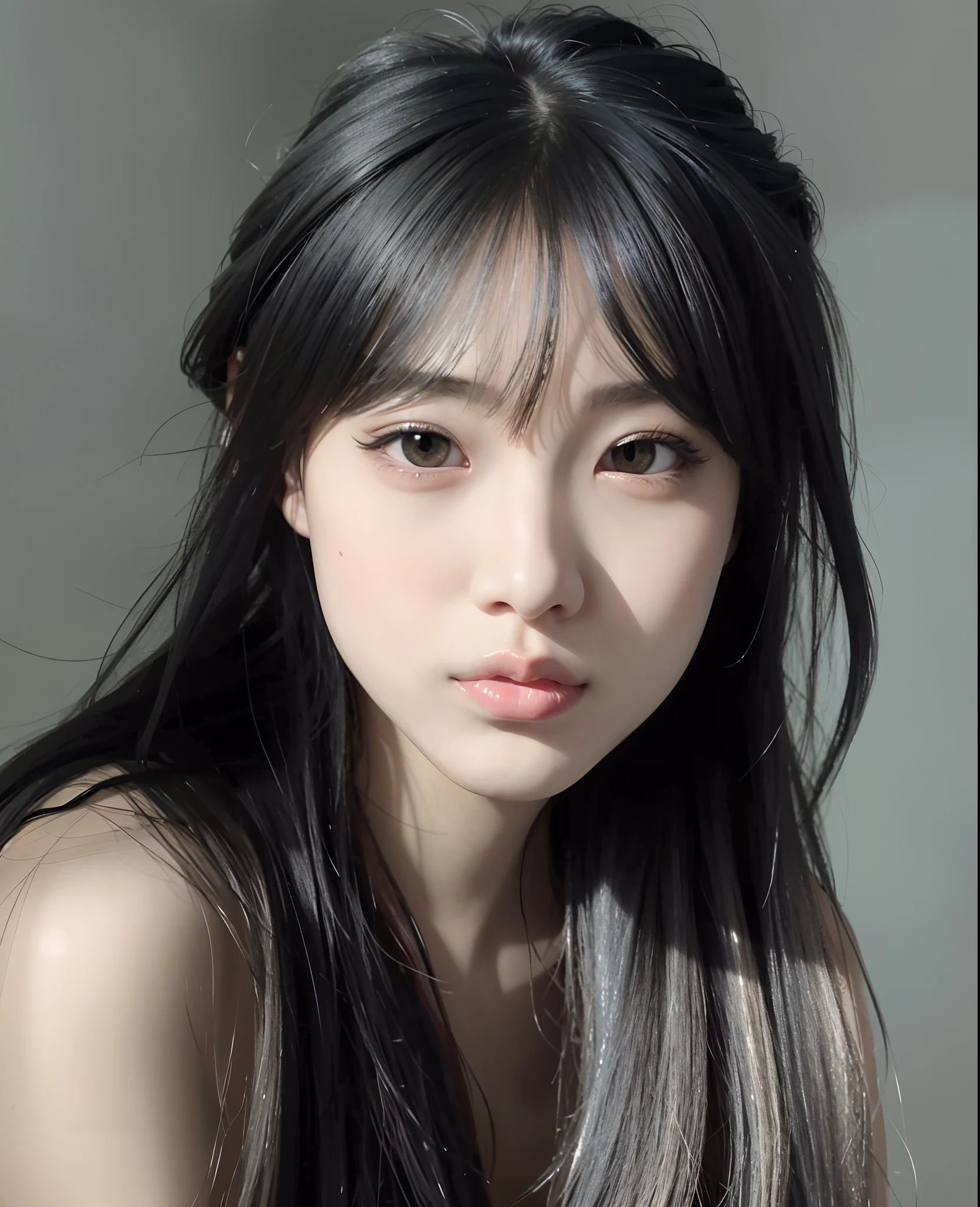 um close up de uma mulher com cabelos longos e uma camisa branca, Ulzzang, young adorable korean face, beautiful aesthetic face, menina coreana, wan adorable korean face, south east asian with round face, korean face features, young cute wan asian face, com rosto redondo, maquiagem sul-coreana popular, rosto extremamente bonito, lindo rosto delicado, Mulher sul-coreana bonita