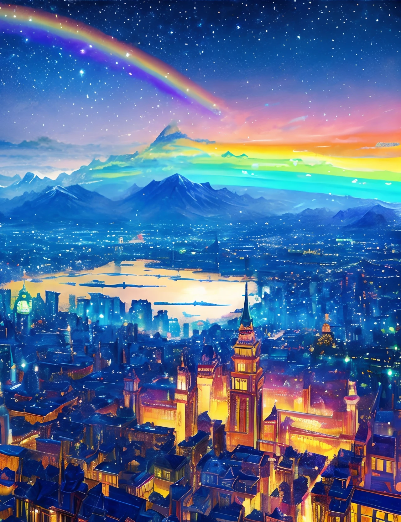 metropolitan、Colorful Metropolitan Museum of Art、River painting with stars and moon in rainbow sky、the met、Shining skyscrapers、Shine across the board、Skyscrapers、Concept art inspired by Mitsuoki Tosa、pixiv contest winners、top-quality、Fantasyart、beautiful anime scene、Bright moon、Moonlit star environment、Dream painting、Anime Background Art、Fantasy landscape art、fantasy knight、anime backgrounds、background artwork、Fantastic art、atmospheric anime、starrysky、Detail has been enhanced。
