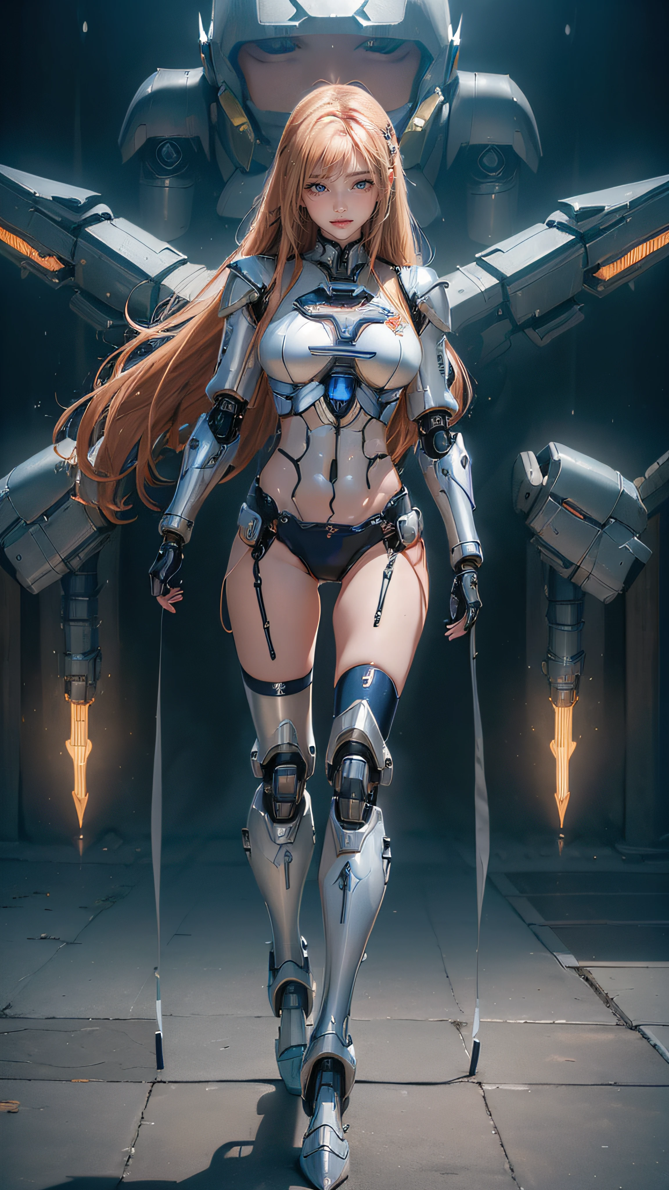 ((1girl:1.5),(embroidered cybernetic body:1.5),large breast,(mecha armor:1.5)),(Highest image quality, outstanding details, ultra-high resolution, (realism: 1.4), the best illustration, favor details, highly condensed 1girl,(Sense of presence:1.5),(Dynamic:1.5),(bold:1.5)),(thin hair:1.8),(straight hair:1.5),(Swept long bangs:1.5),(extra light coppery amber hair),((hair over one eye:1.2)),(stretching:1.5)