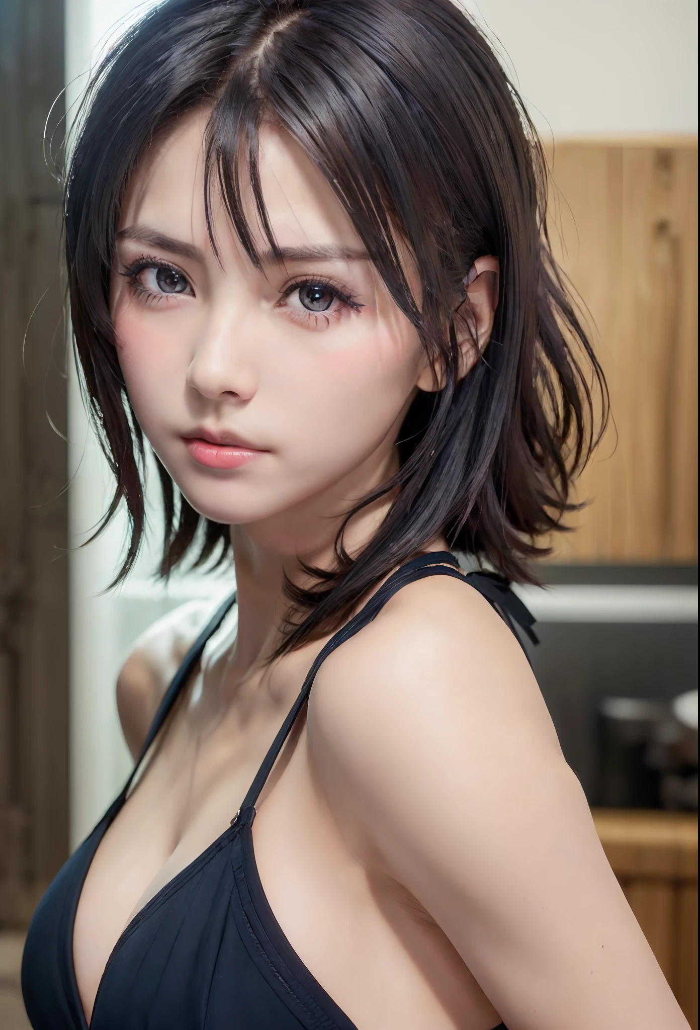 (masutepiece:1.3), (8K, Photorealistic, Raw photo, Best Quality: 1.4), (1girl in), Beautiful face, (Realistic face), (Black hair, Short hair:1.3), bikini of, Beautiful hairstyle, Realistic eyes, Beautiful detailed eyes, (Realistic skin), Beautiful skin, (Navy BL...