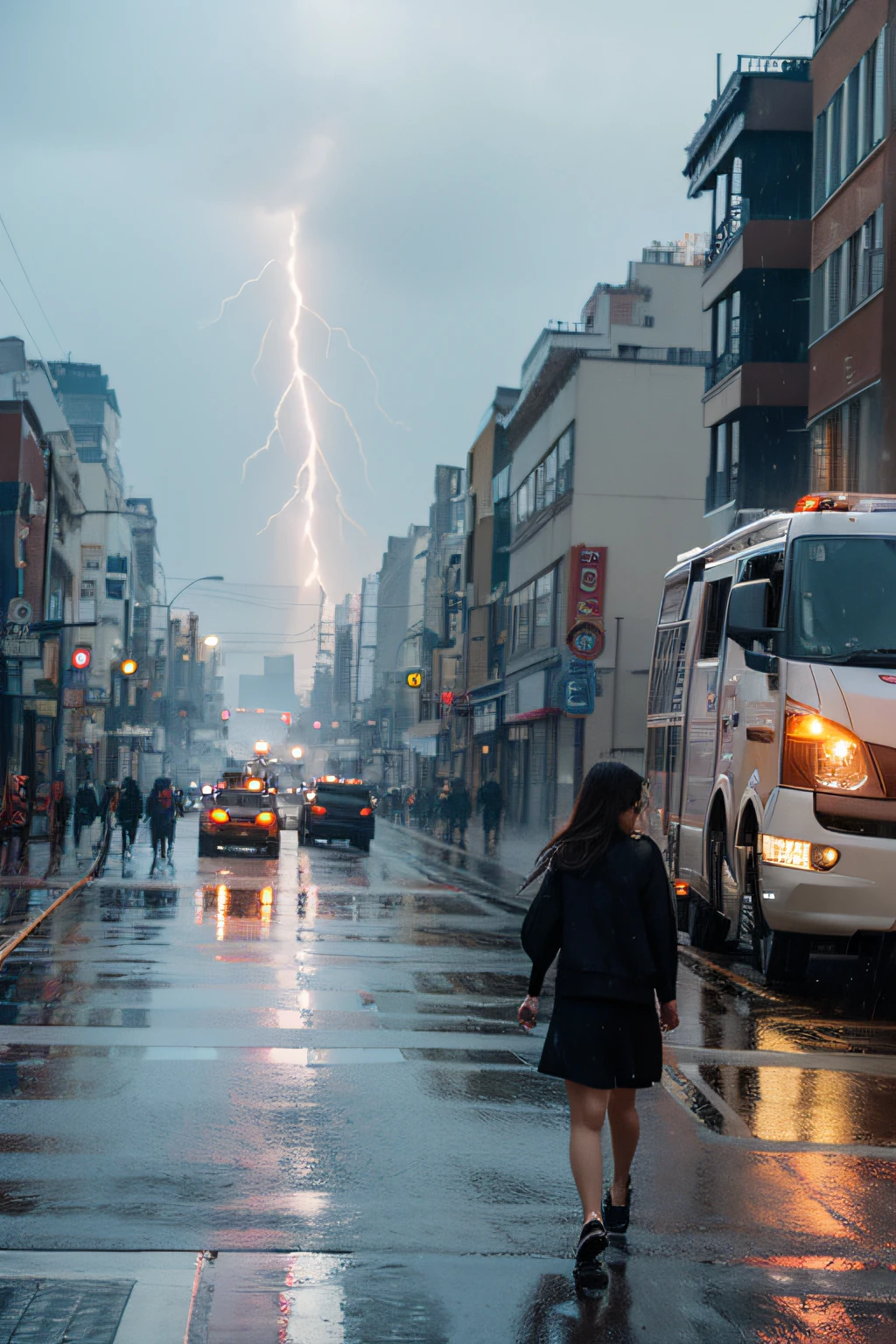 raining day,There is lightning in the sky,A girl walks down the street,The shops on both sides of the street are brightly lit,There are a lot of pedestrians on the street,There are a small number of vehicles(One shop caught fire,There is a fire)