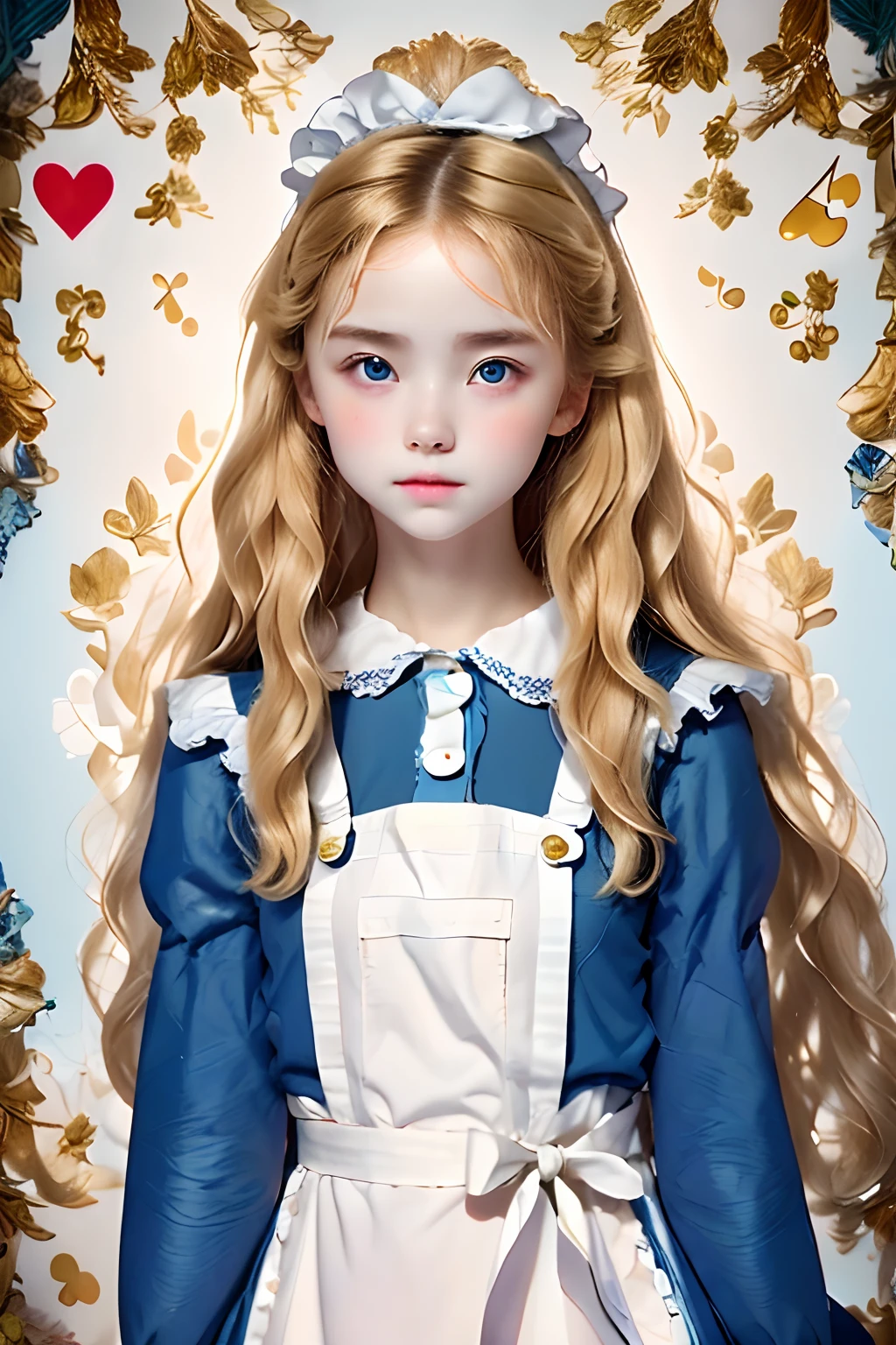 best quality, ultra highres, photoreaslistic, a photography of a cute girl, detailed face, (PureErosFace_V1:0.008), Alice in Wonderland, ****, blonde wavy hair, white apron, blue dress, playing card pattern background, no make-up