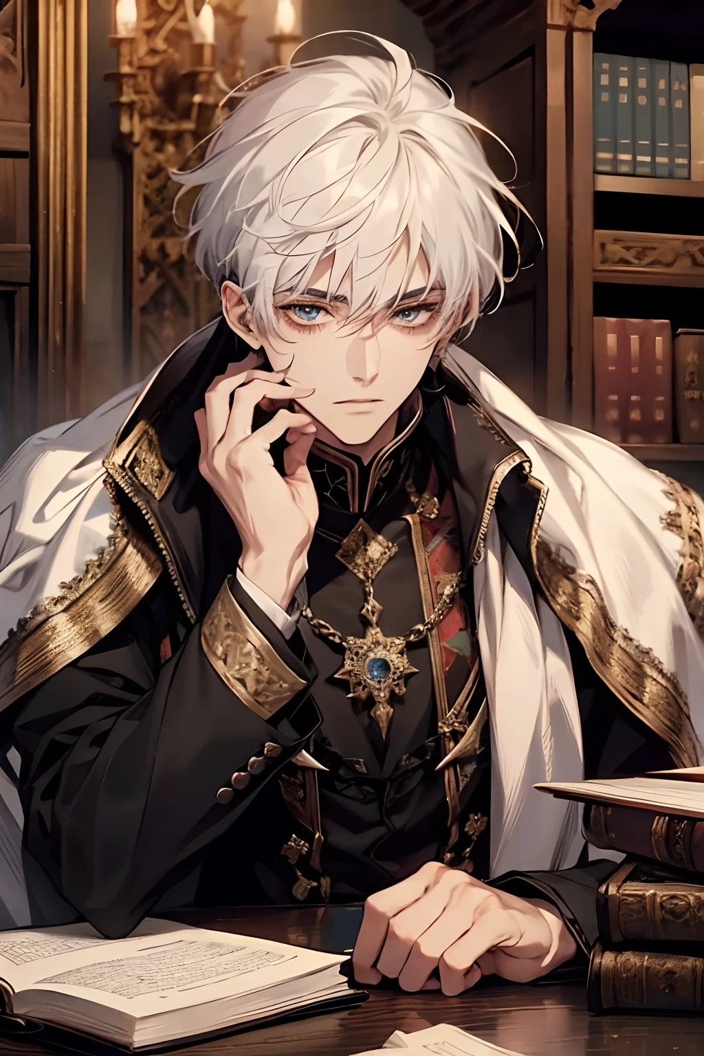 1male, calm, adult, handsome, short messy with bangs, white hair, royalty, prince, wears black clothing, in a castle, adult face, medieval times, close up, books on a table, calm