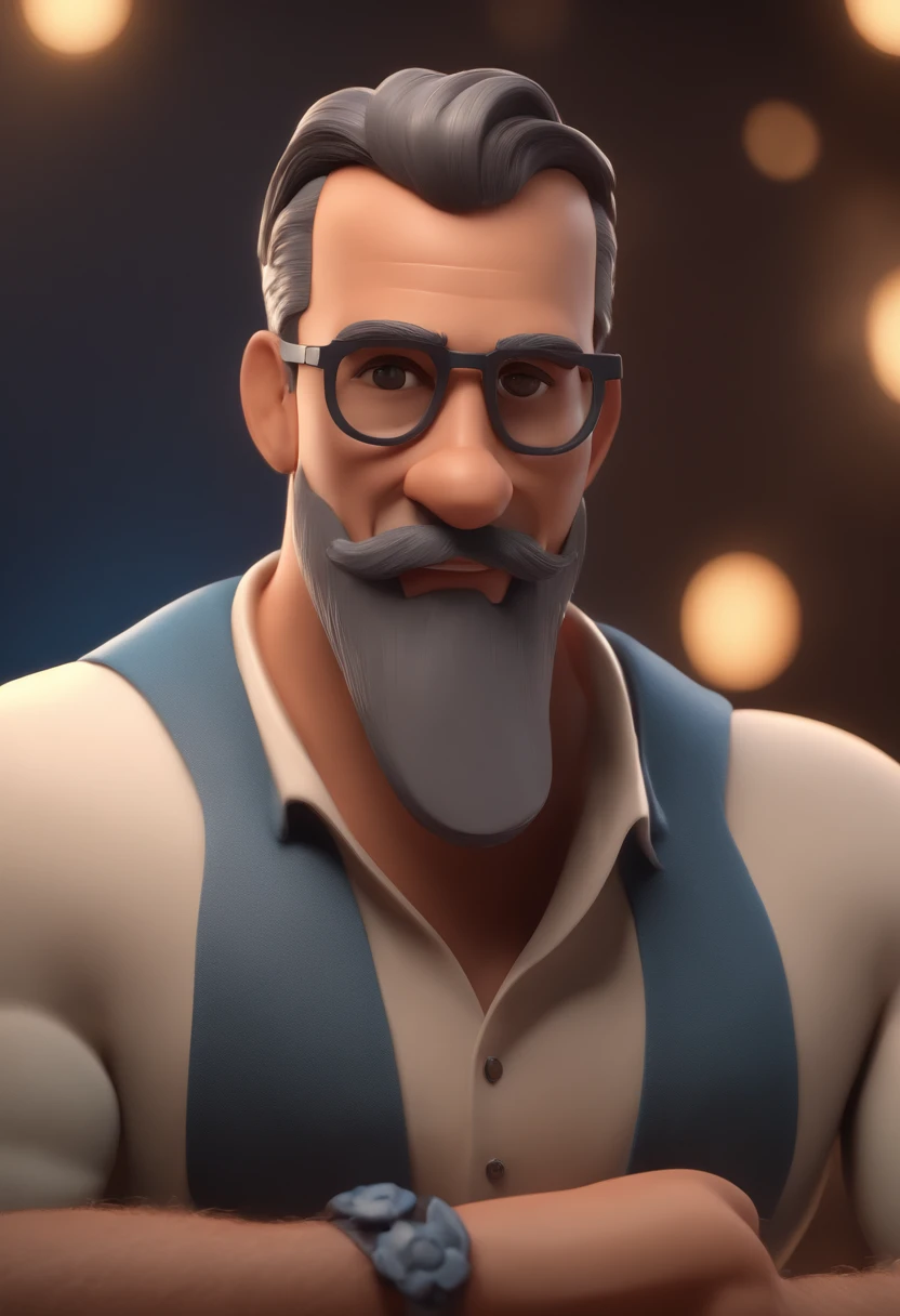 personagem dos desenhos animados de um homem acima do peso de barba e uma camisa azul, animation character, Caractere estilizado, animation style rendering, 3D estilizado, Arnold Maya render, 3 d render stylized, toon render keyshot, Personagem 3D, Personagem 3D, 3d rendering stylized, 3 d character render, personagem de desenho animado, Personagem de close up, Pose de personagem, (Estilo Pixar) (master part:1.2) (Bokeh) (best quality) (pele detalhada) (textura detalhada) (8k) (argila) (Cinematic lighting) (foco nítido