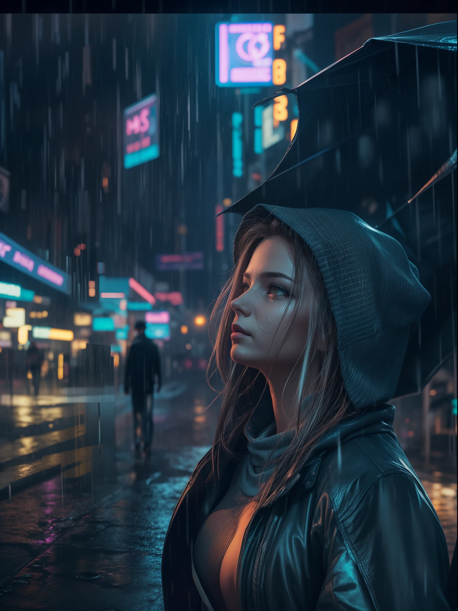 A midnight heavy raining, wet streets, cyberpunk neon city, glowing effects, best quality, masterpiece, cinematic lights, 8K resolution, extremely detailed portrait