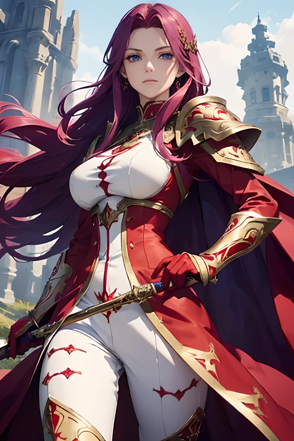 ((a woman in a red outfit holding a large spear, with long purple hair and blue eyes)), arrogant smile, fantasy, official character art, full body, wearing white and gold armor pieces, wearing red pants armor, jrpg character, ((perfect detailed face)), ((perfect hands))