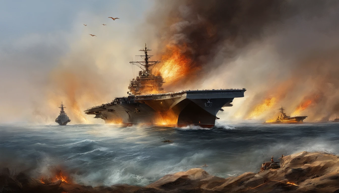 The Burning Sea，Aircraft carrier flame，battleship，flying airplain in sky，Smoke billows，dim sky，((the fire))，karo，bombardment，（illustratio：1.0）、epic composition、Realistic lighting、high definition detail、tmasterpiece、Best Quality，（extremely detailed CG unified 8k wallpaper）