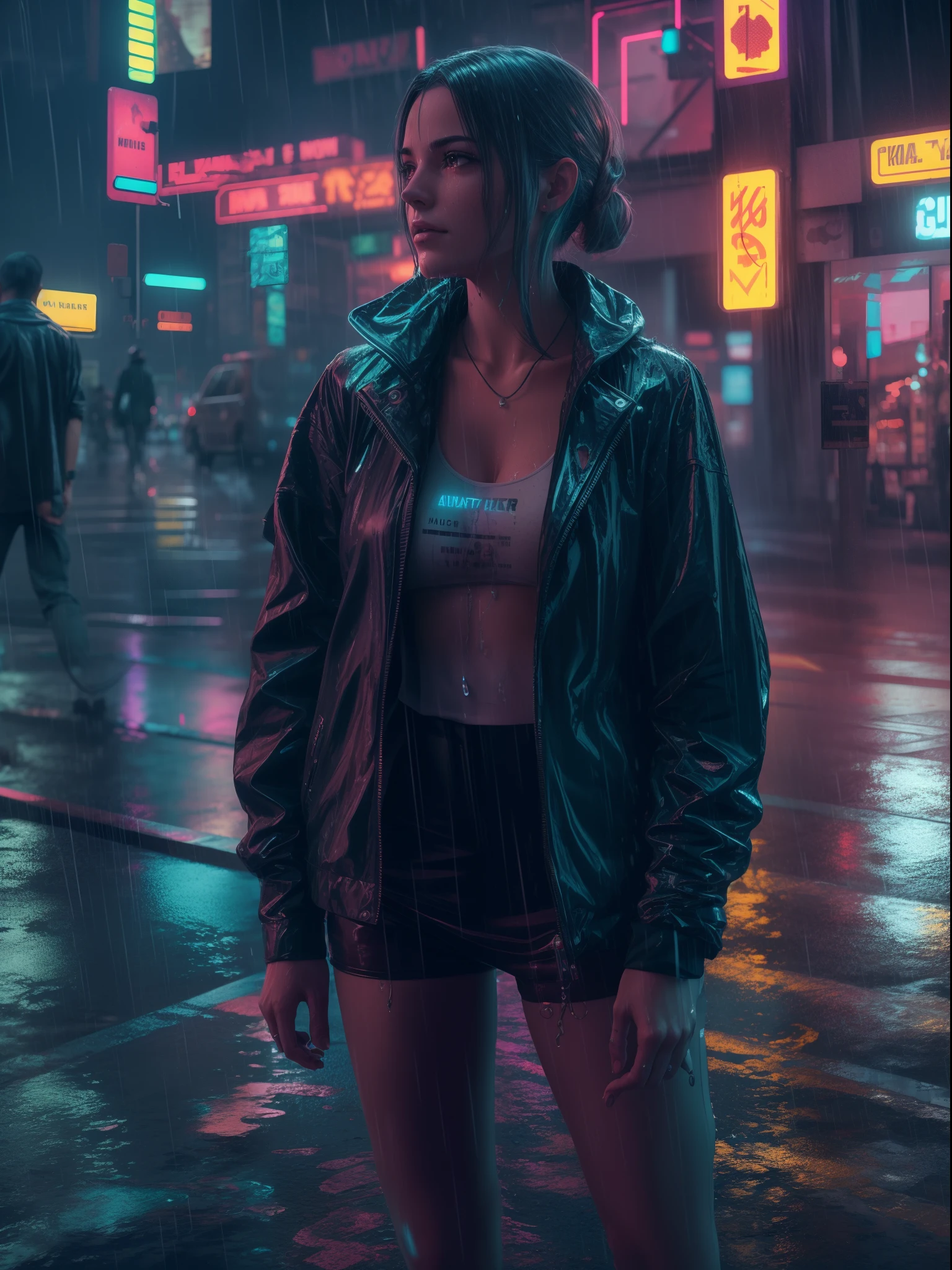 A naked anime girl dancing in the rain under a neon sign in a cyberpunk city