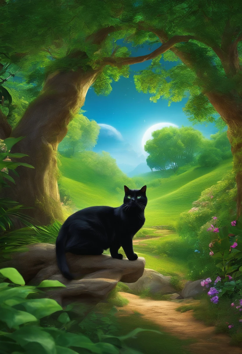 A tranquil scene flows through the lush landscape, Green landscape, Under "Clear"., Blue sky. black cats,Glowing planet, Beautiful and splendid,Very bright colors, A lot of kittens are running happily