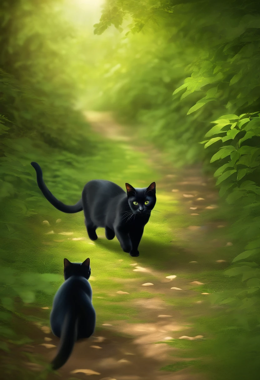 A tranquil scene flows through the lush landscape, Green landscape, Under "Clear"., Blue sky. black cats,Glowing planet, Beautiful and splendid,Very bright colors, A lot of kittens are running happily