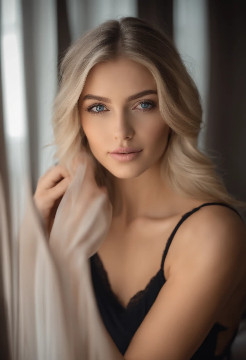 woman with matching tank top and panties, Sexy girl with blue eyes, portrait sophie mudd, portrait corinna kopf, blonde hair and large eyes, Selfie einer jungen Frau, Augen im Schlafzimmer, Violet Myers, ohne Make-up, Natural makeup, Blick direkt in die Kamera, Gesicht mit Artgram, dezentes Make-up, Stunning full body shot, im Schlafzimmer, Spaltung