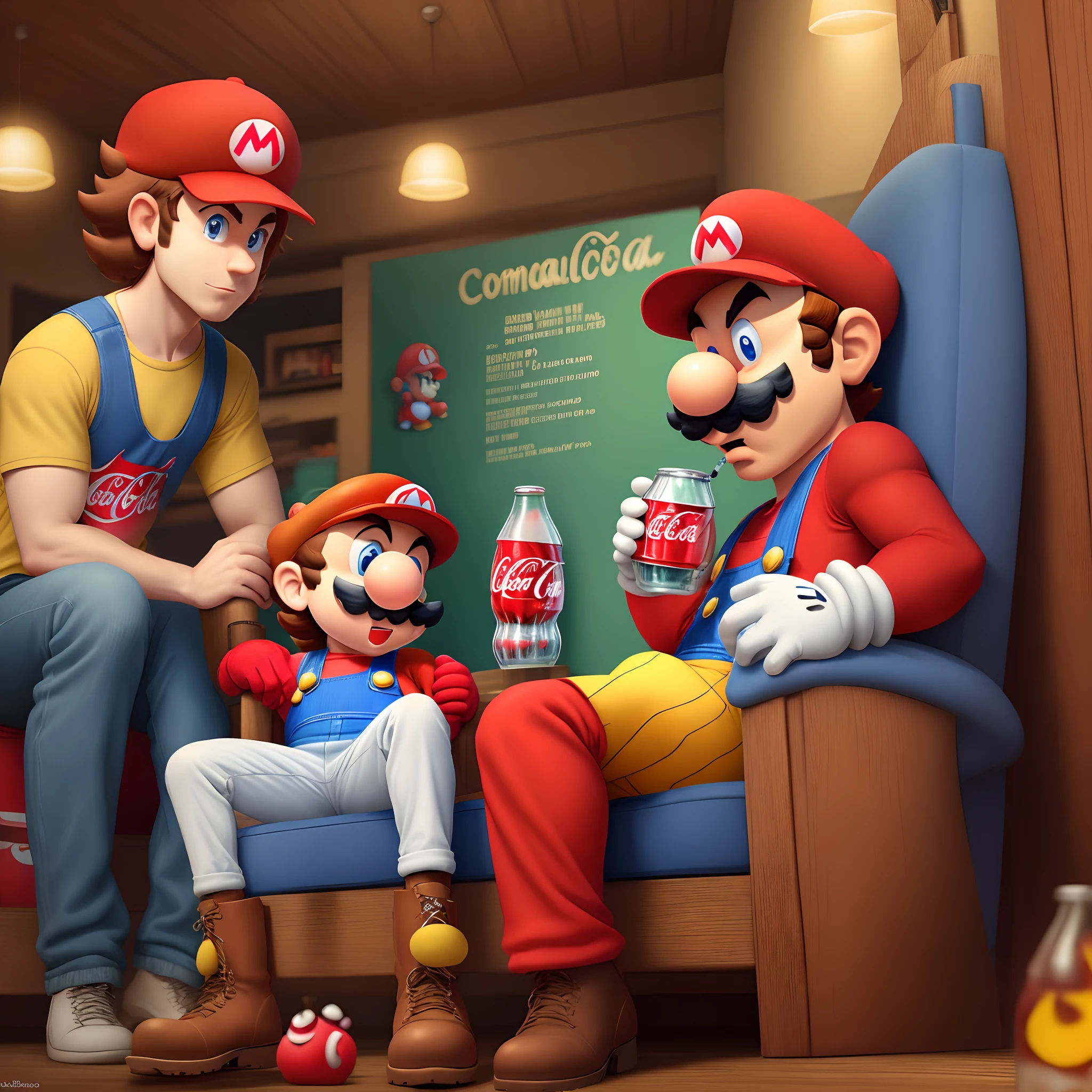 Mario bross tomando coca cola no reinos dos cogumelos no estilo pixar