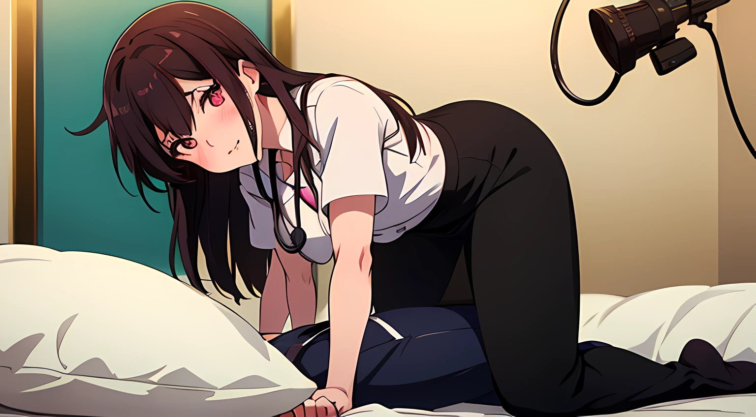 2 girls with different profession, one of them is business woman, and the other is a doctor with stethoscope on her neck, long hair, lay on bed, shy, blush on their face, teasing at the camera, camera angle from floor, looking at viewers, full body, best quality, masterpiece