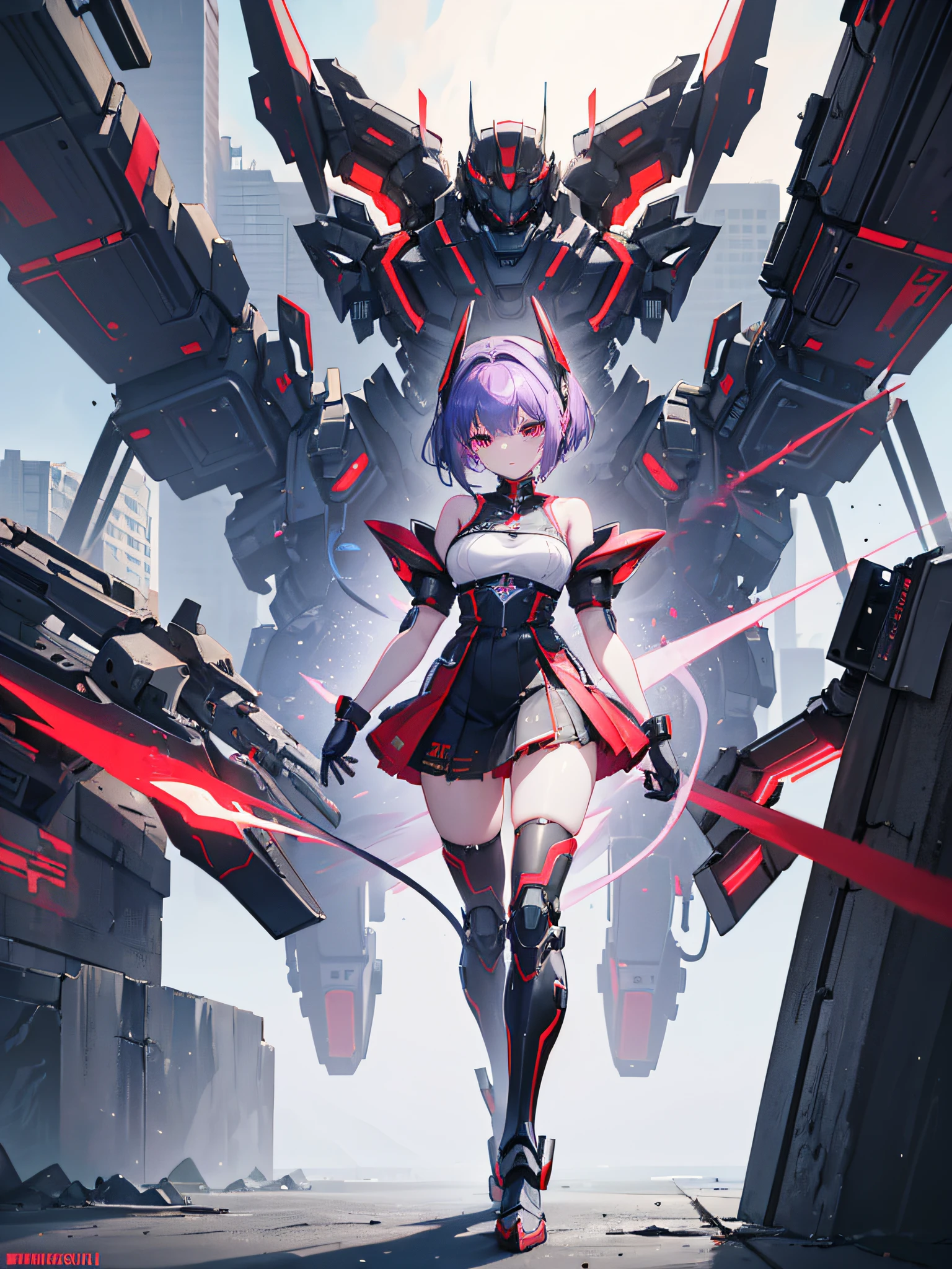 A girl with red and black mecha wings on her back　(Android girl with bright red body)　Black Headgear　Combat stance　Red, Black and purple sci-fi body armor　full body Esbian　Sci-fi Skirt Armor　Crimson eyes　Light purple hair　Exposed shoulders　deadpan　Shoulder to shoulder　White breasts　Exposed thighs　Cyber City　cute  face　{{{​masterpiece}}}, {Highly detailed CG Unity 8K wallpapers},　cute  face, 独奏, Lori face,　short-haired　nighttime scene　high quality digital concept art, epic sci-fi character art, epic sci-fi character art, mechanized valkyrie girl, Air and Mecha theme, Anime Mecha Aesthetics